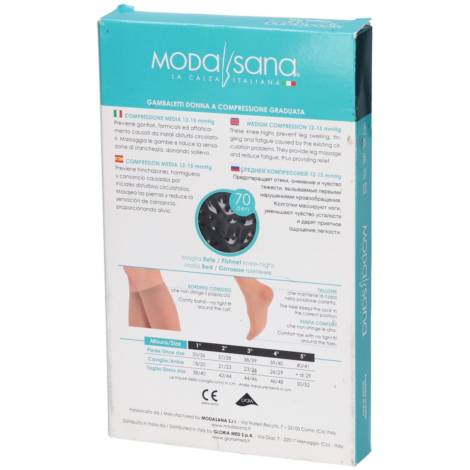 Retro confezione calze Modasana. Compressione 12-15 mmHg. Tabella taglie. Marchio CE.