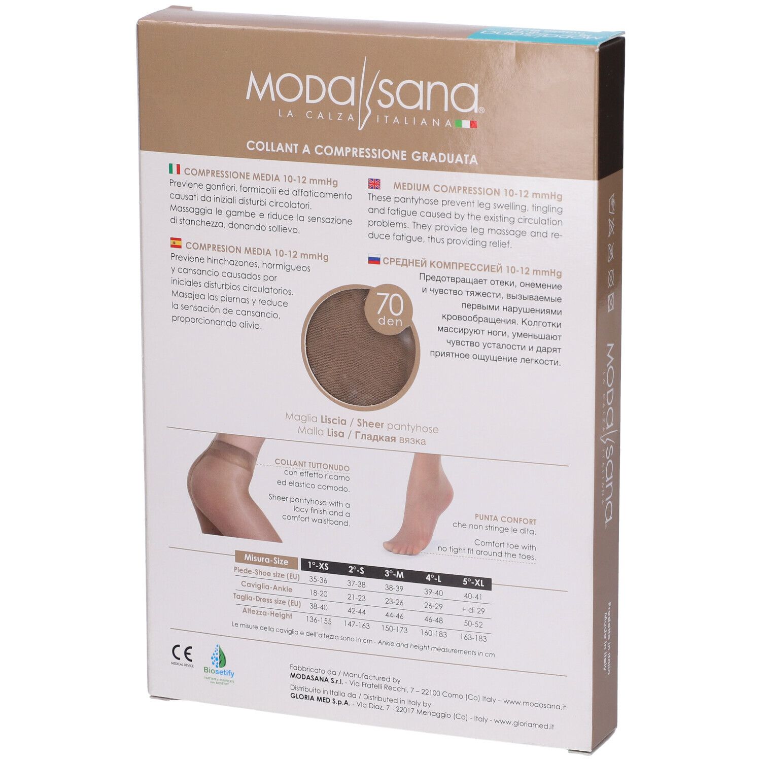 Retro della confezione di Modasana 70 Atl Playa 4. Informazioni sul prodotto e tabella taglie. Illustrazione di collant.