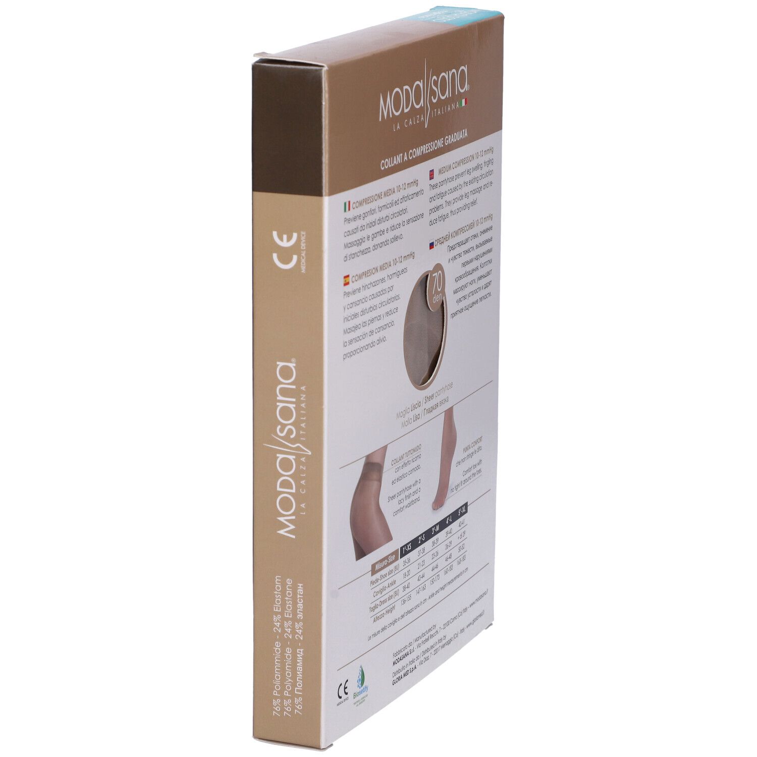 Vista laterale della confezione di Modasana 70 Atl Playa 4. Informazioni sul prodotto e logo. Stampa: Compressione, 70 den.