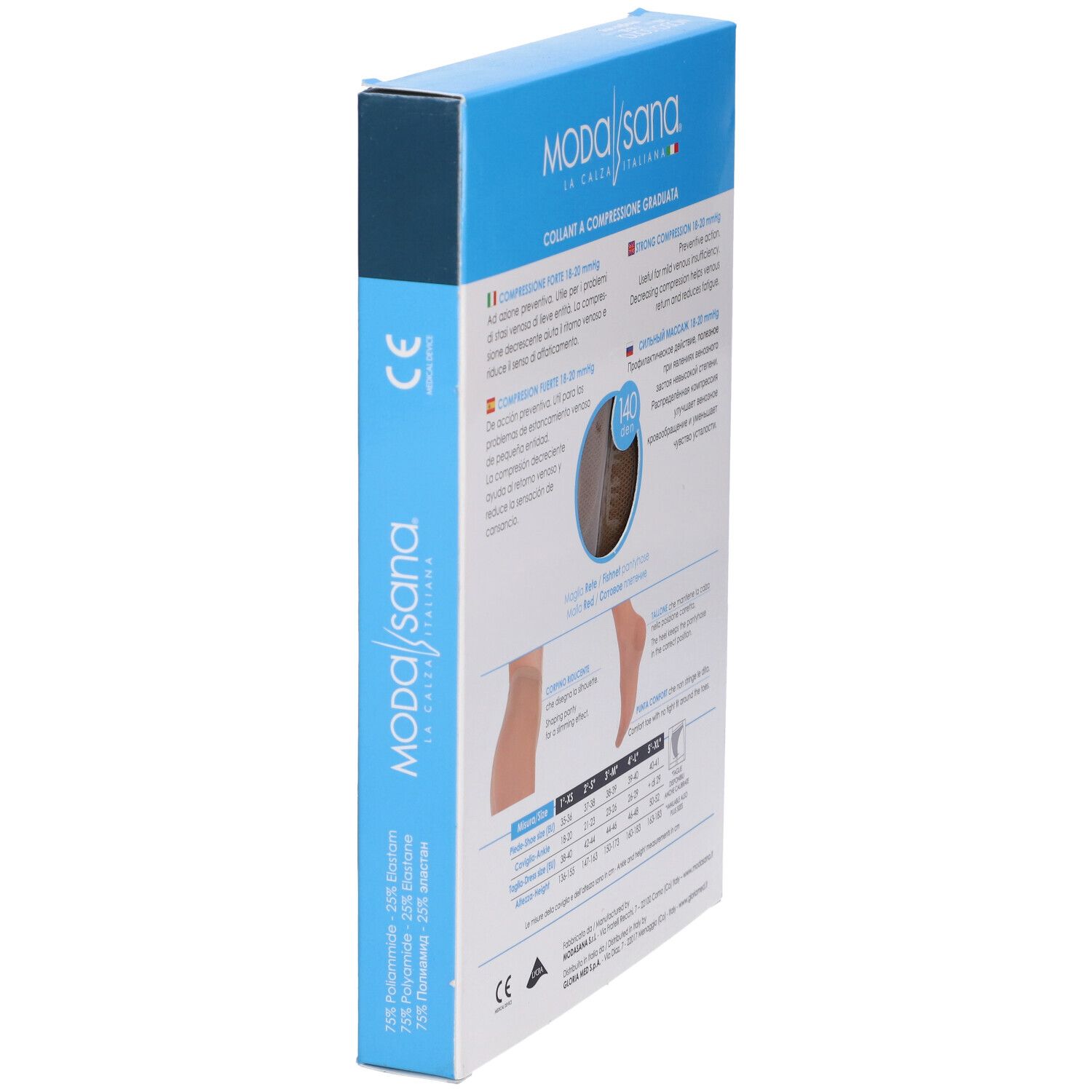 Confezione collant Modasana. Scatola blu. Testo: Modasana, Collant a Compressione Graduata, 140 Den. Marchio CE.