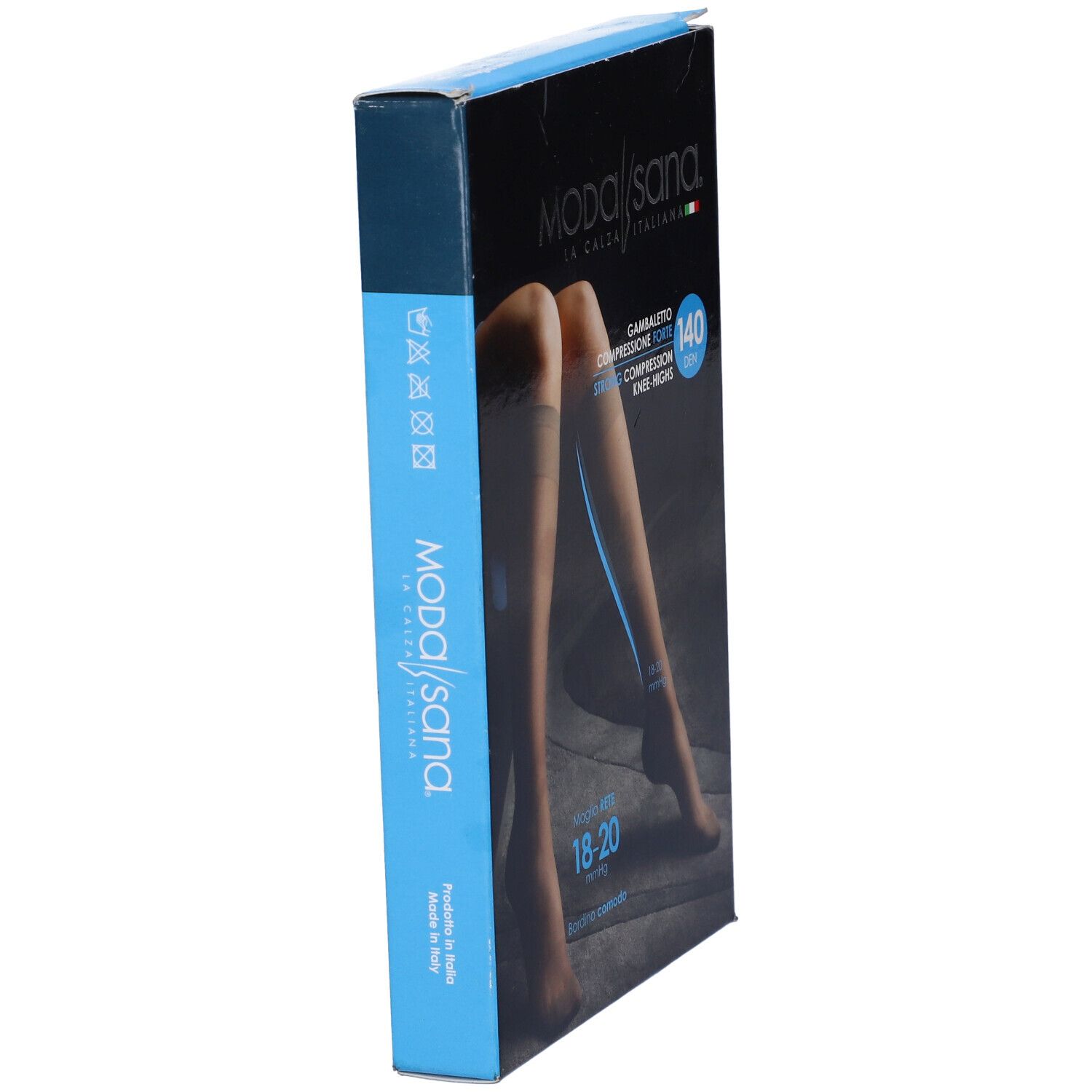 Vista laterale della confezione di calze al ginocchio. Scritte: Modasana, Gambaletto, 140 DEN.