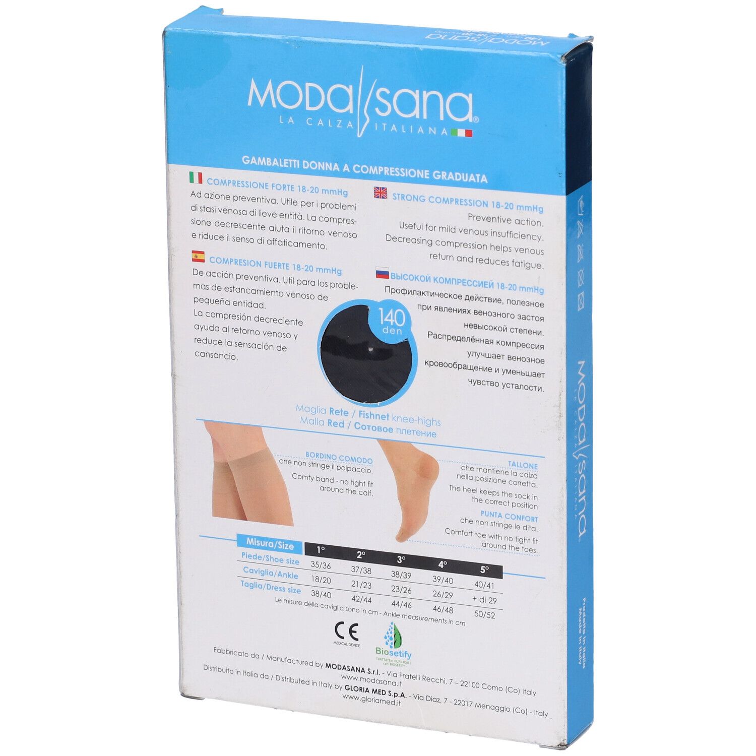 Retro della confezione di calze al ginocchio. Informazioni sulla compressione e taglie.