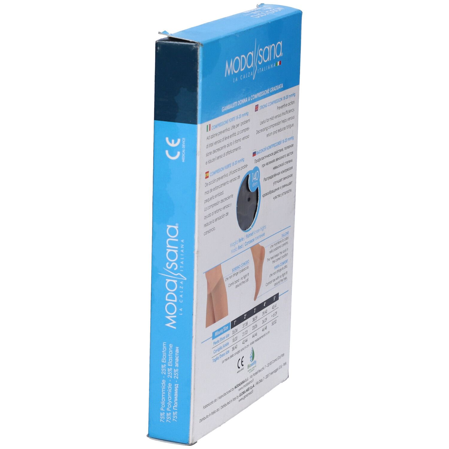 Vista laterale della confezione di calze al ginocchio. Scritte: Modasana, marchio CE.