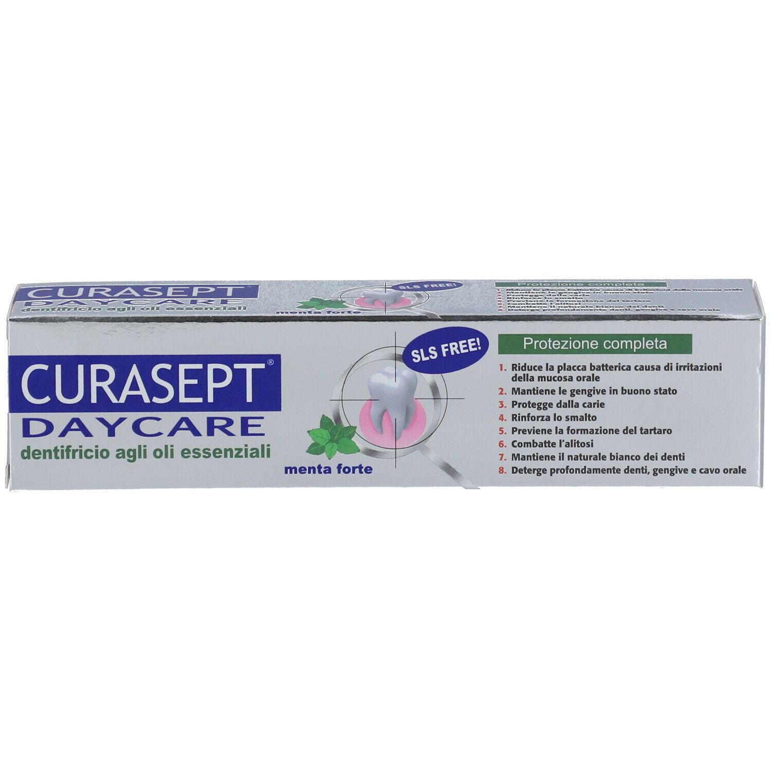 Confezione di dentifricio CURASEPT DAYCARE. Argento con stampa. Contiene SLS FREE. Scritta: menta forte.