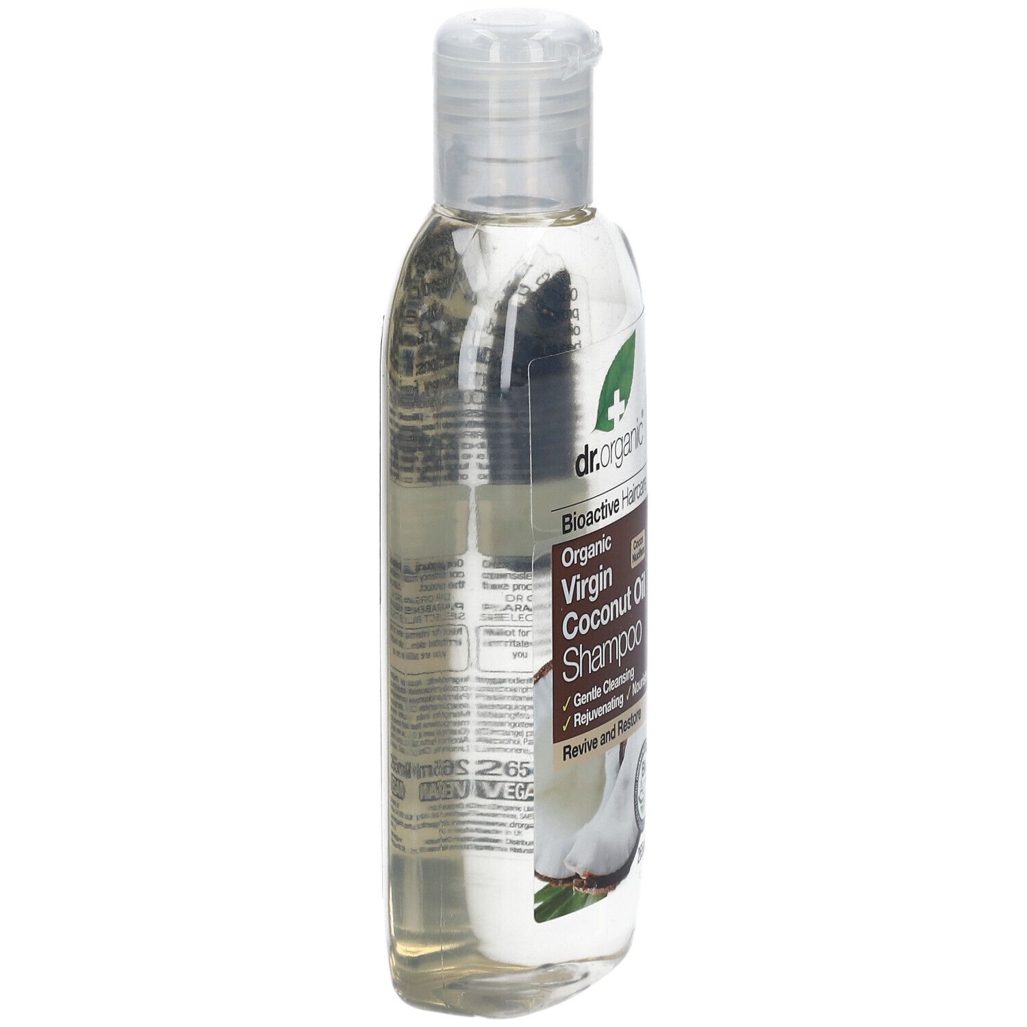 Shampoo Dr. Organic, vista laterale. Etichetta con informazioni prodotto. Liquido trasparente. Tappo bianco.