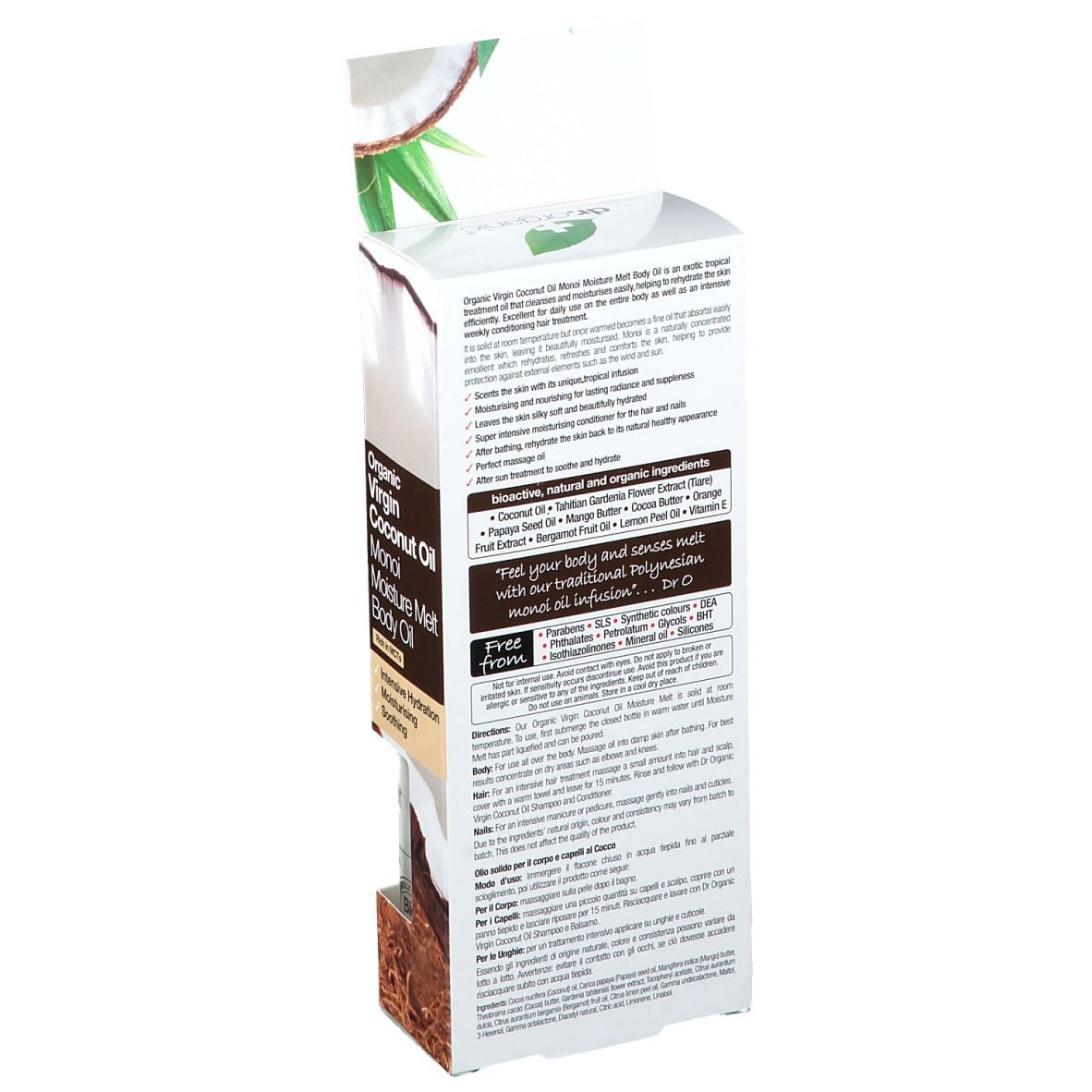 Retro della confezione con testo. Scritta: Organic Virgin Coconut Oil Monoi Moisture Melt Body Oil. Ingredienti e utilizzo.