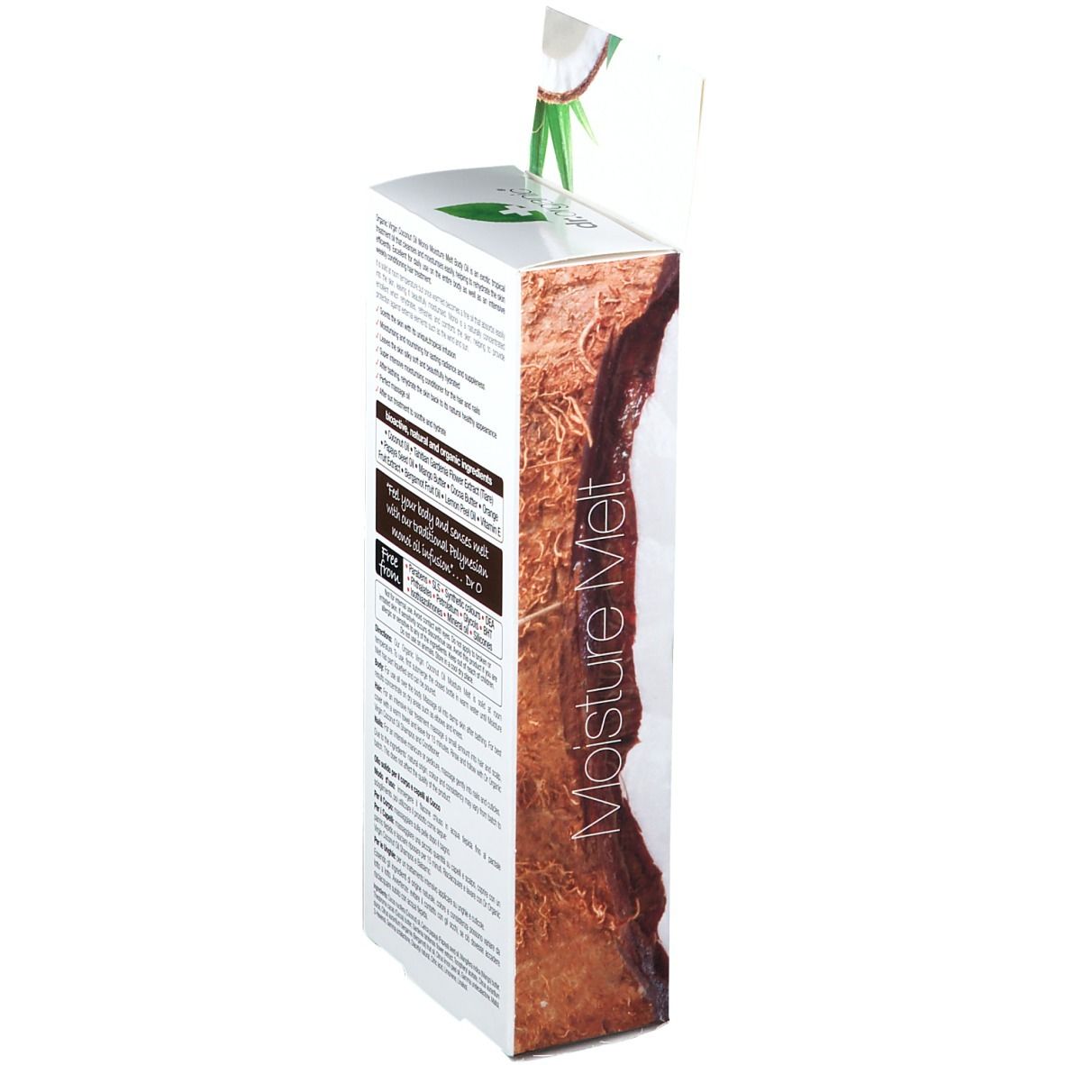 Confezione con testo. Scritta: Organic Virgin Coconut Oil Monoi Moisture Melt Body Oil. Ingredienti e utilizzo.