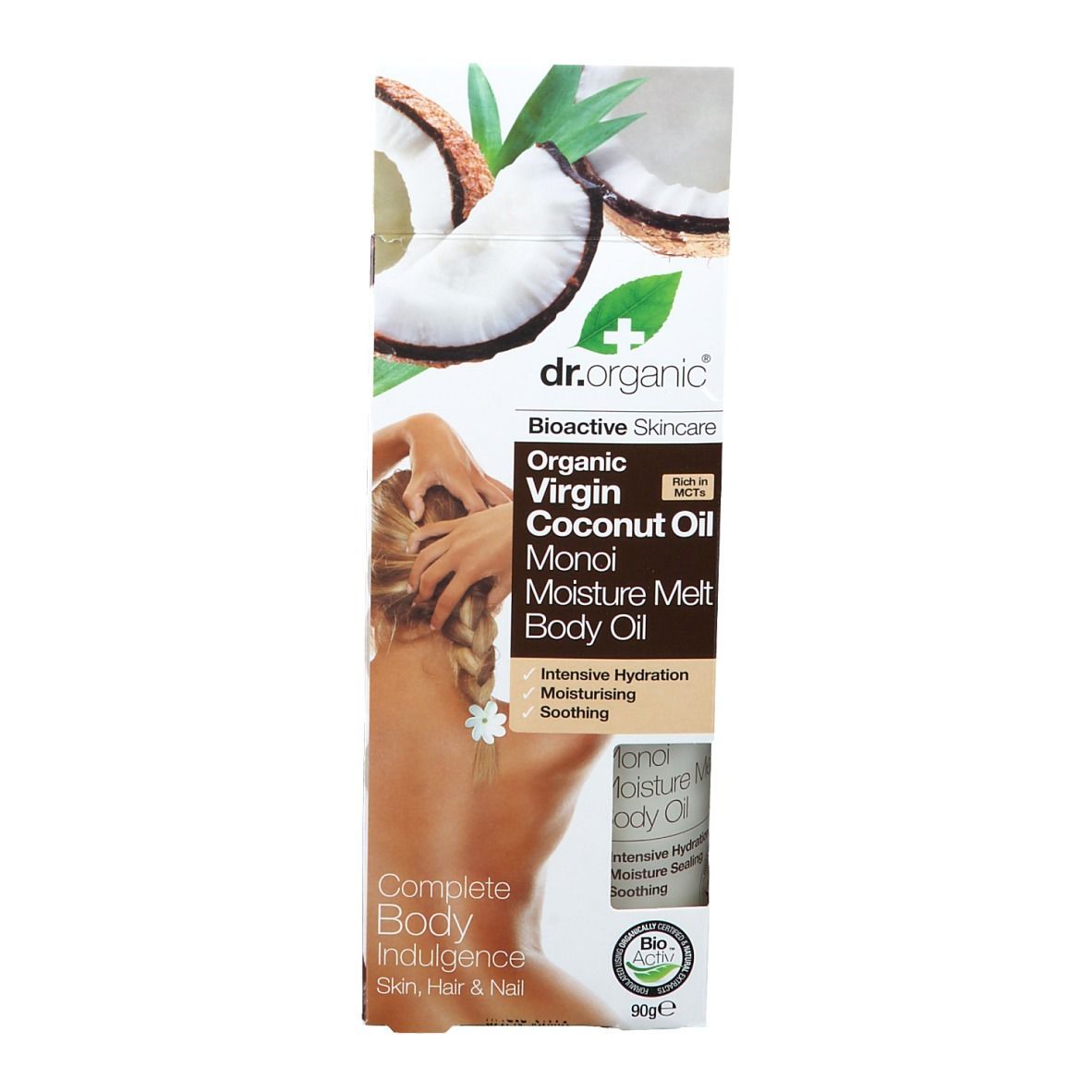 Confezione con immagine del prodotto. Scritta: Dr. Organic, Organic Virgin Coconut Oil Monoi Moisture Melt Body Oil.