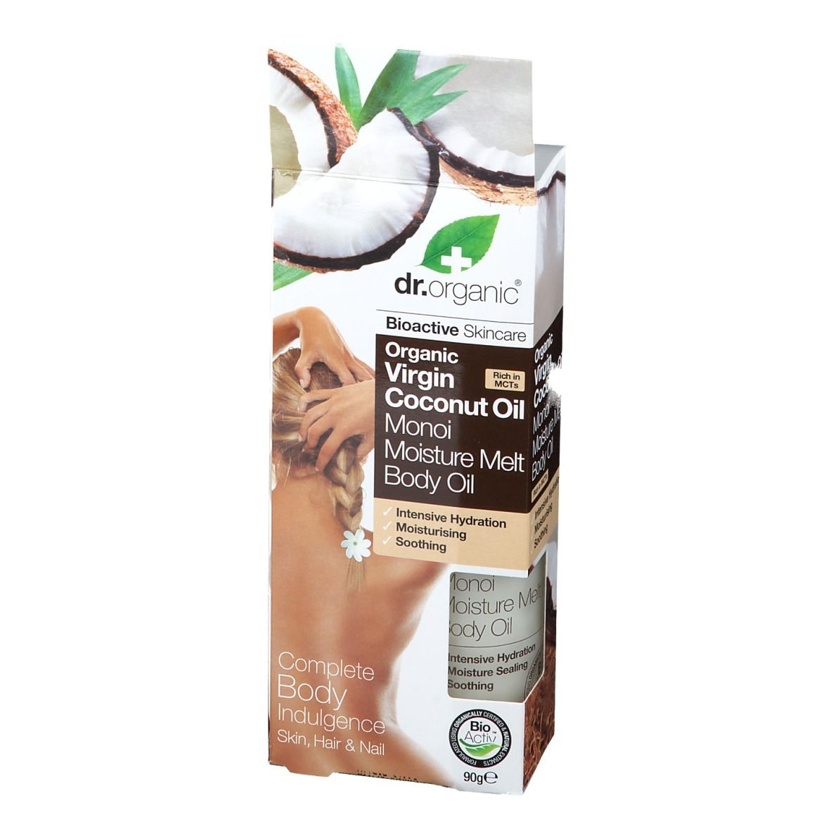Confezione con immagine del prodotto. Scritta: Dr. Organic, Organic Virgin Coconut Oil Monoi Moisture Melt Body Oil.
