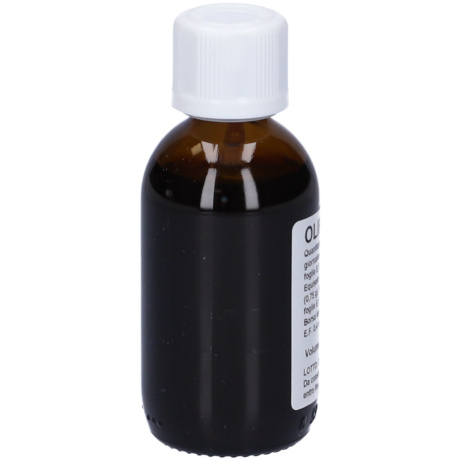 Flacone di vetro marrone con tappo bianco. Etichetta con informazioni sul prodotto. Volume: 50 ml.