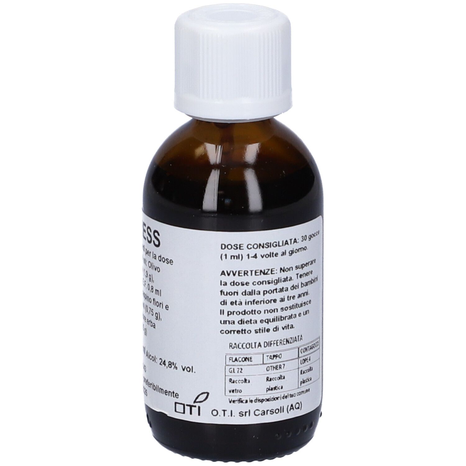 Flacone di vetro marrone con tappo bianco. Etichetta con informazioni sul prodotto. Volume: 50 ml.