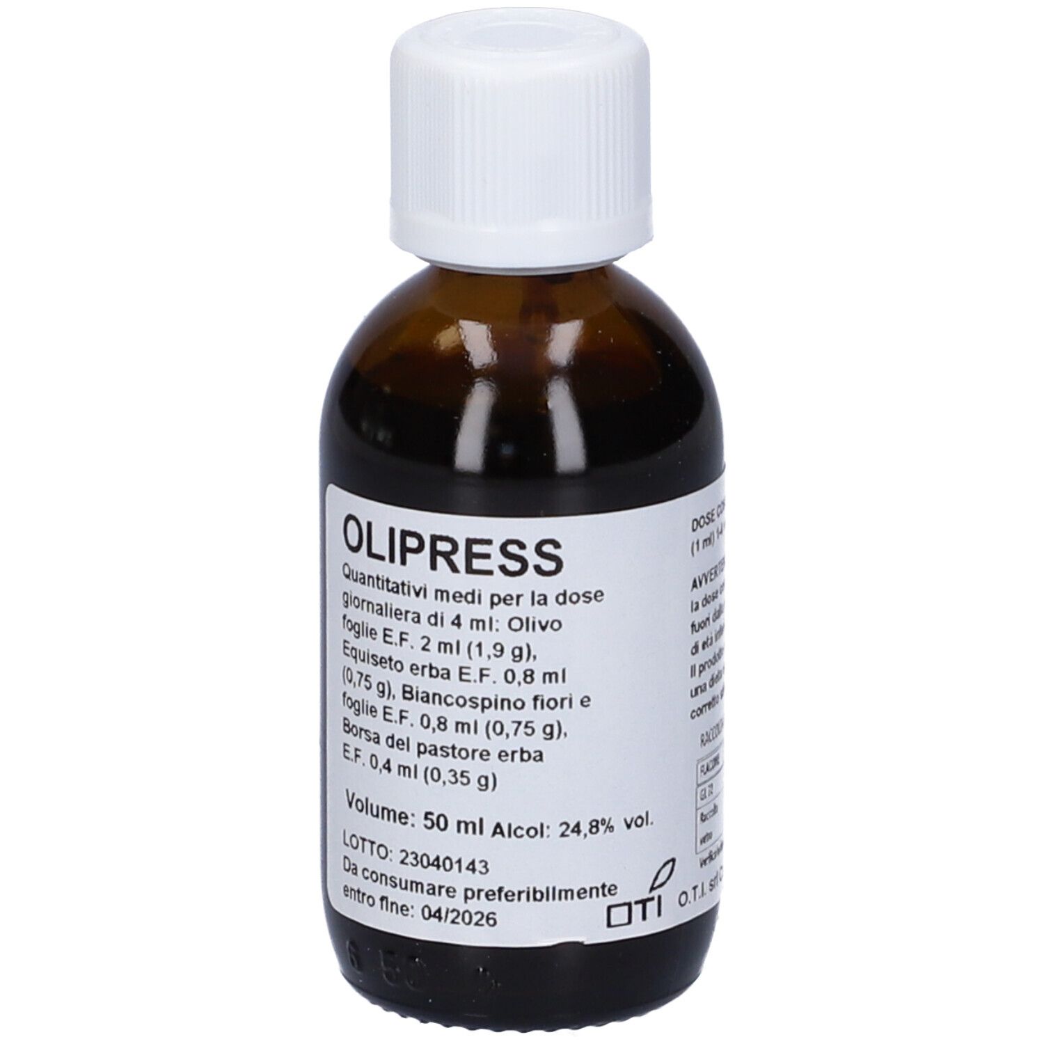 Flacone di vetro marrone con tappo bianco. Etichetta con nome e ingredienti. Volume: 50 ml.