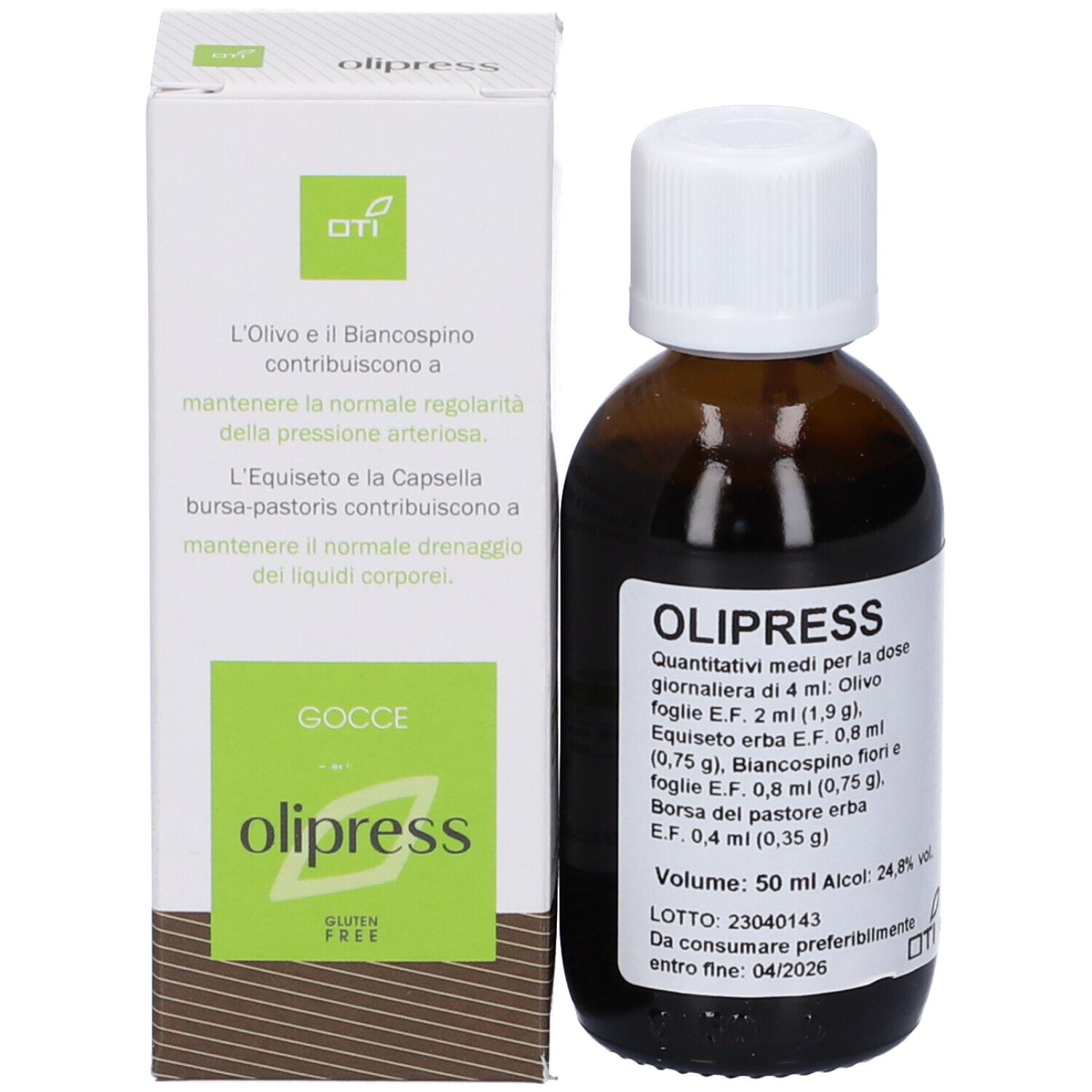 Flacone di vetro marrone con tappo bianco e scatola. Scatola con nome e informazioni. Volume: 50 ml.