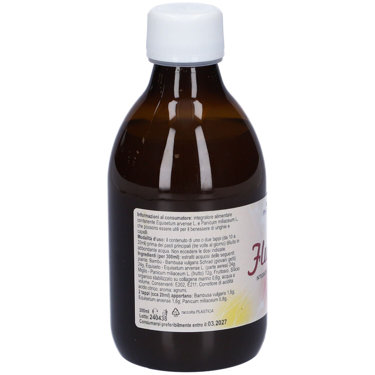 Bottiglia di vetro marrone con tappo bianco. Etichetta con ingredienti e istruzioni. Testo in italiano.