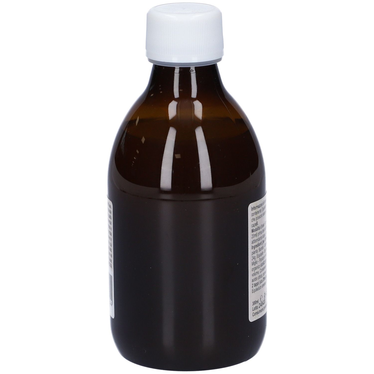 Bottiglia di vetro marrone con tappo bianco. Etichetta con testo in italiano. Vista posteriore.