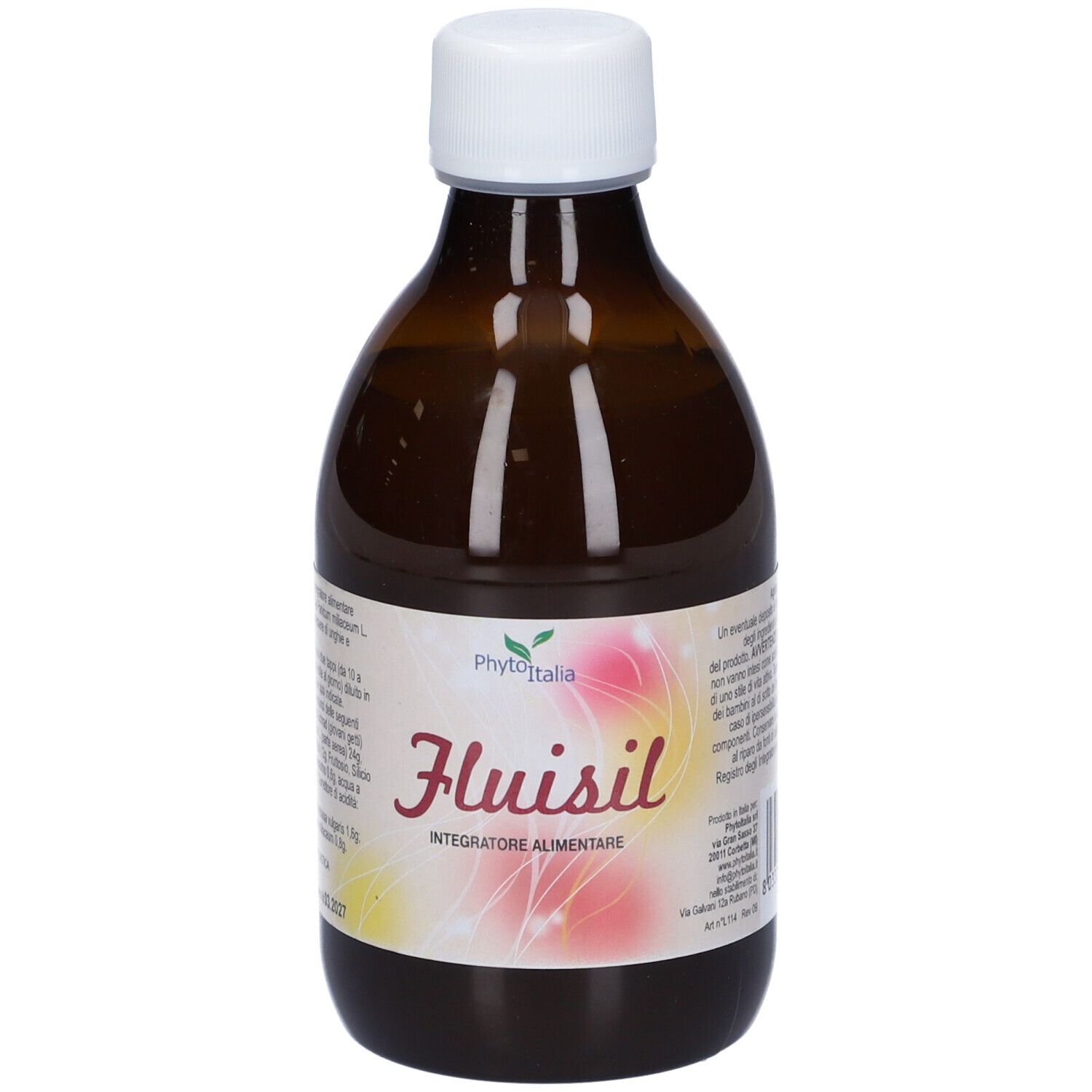 Bottiglia di vetro marrone con tappo bianco. Etichetta con testo in italiano. Logo e motivo floreale.