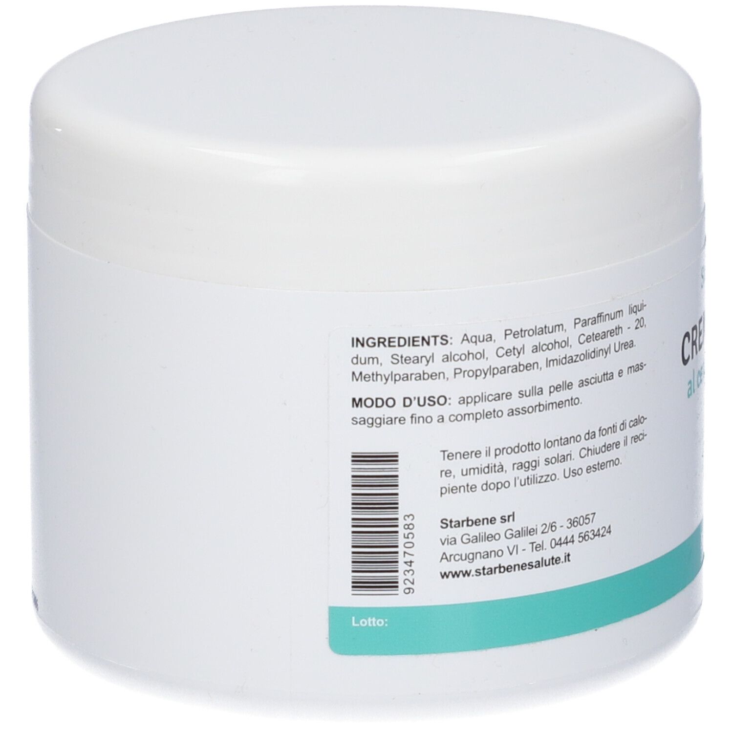 Vaso bianco, retro con testo. Elenco ingredienti, istruzioni per l'uso, codice a barre e indirizzo.