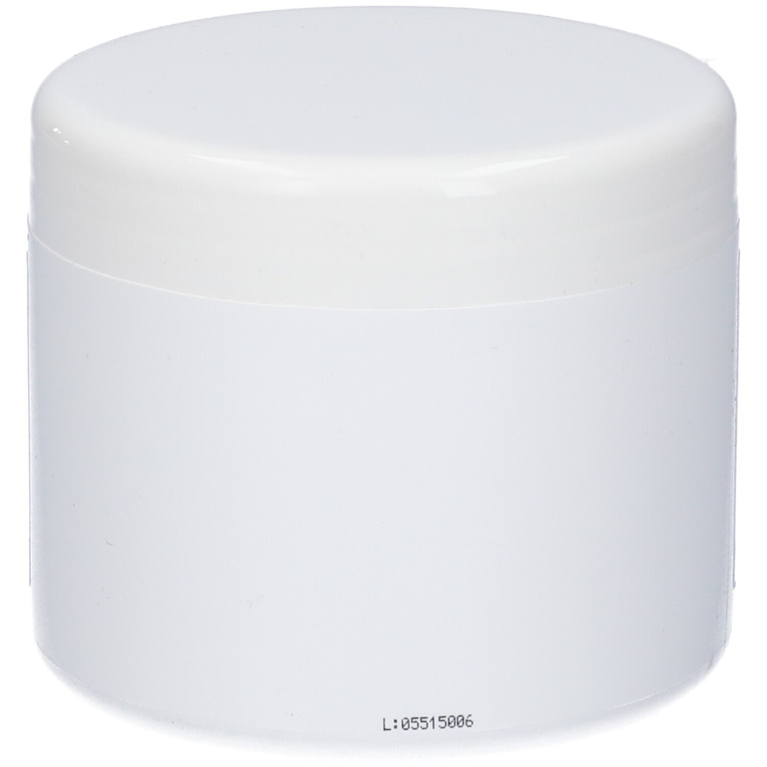 Vaso cilindrico bianco con coperchio. Scritta: L: 05515006.