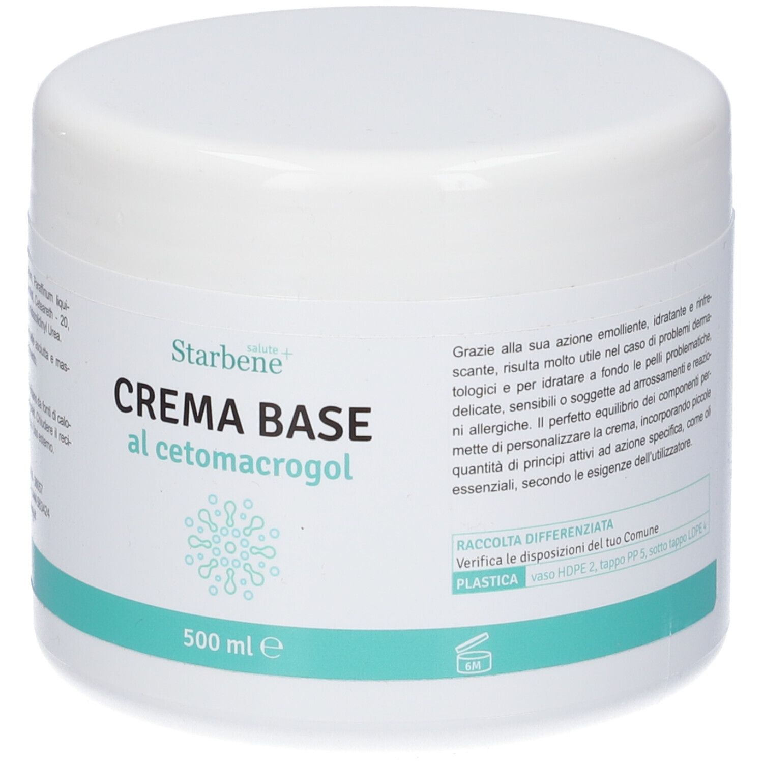 Vaso bianco con fascia turchese. Scritta: CREMA BASE al cetomacrogol. 500 ml. Marchio: Starbene.