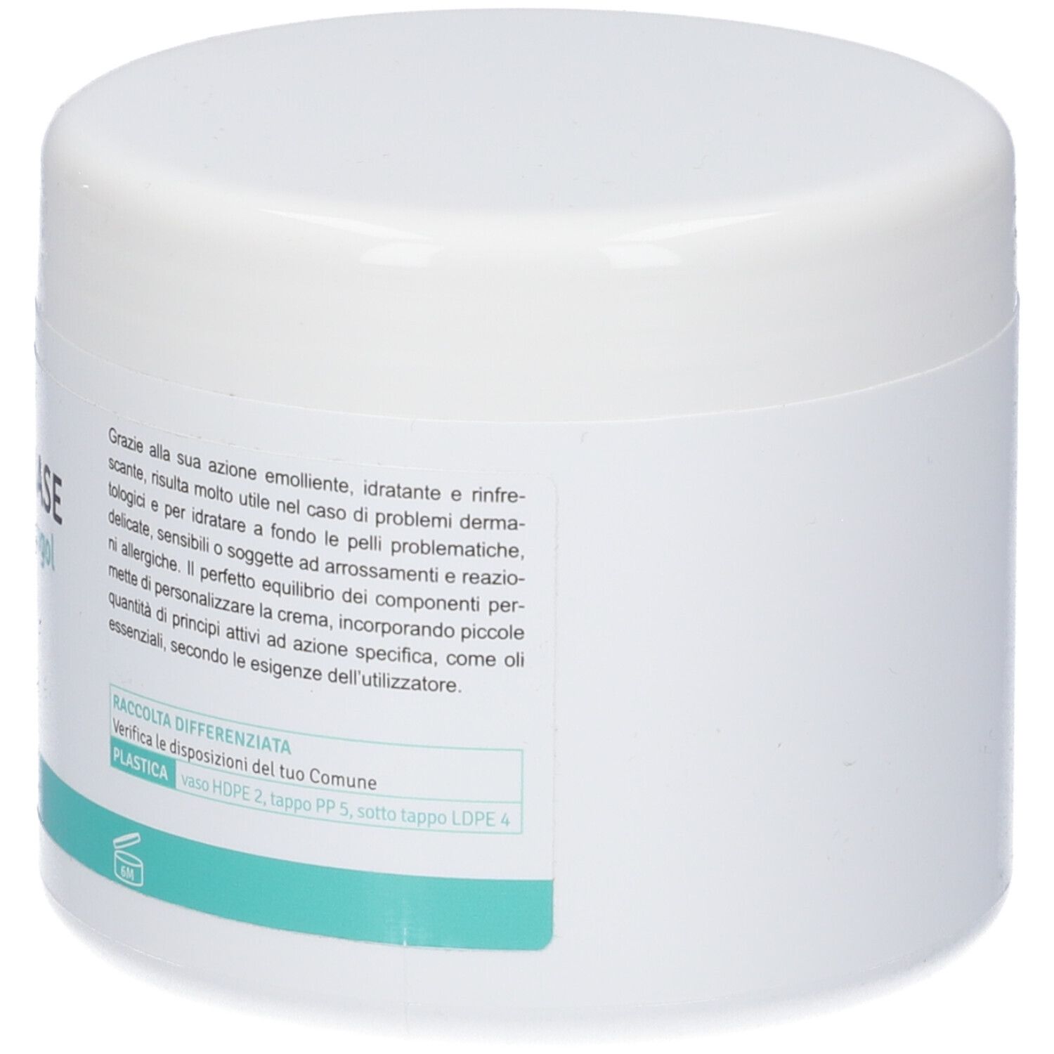 Vaso bianco, retro con testo. Testo su proprietà e ingredienti. Striscia turchese.