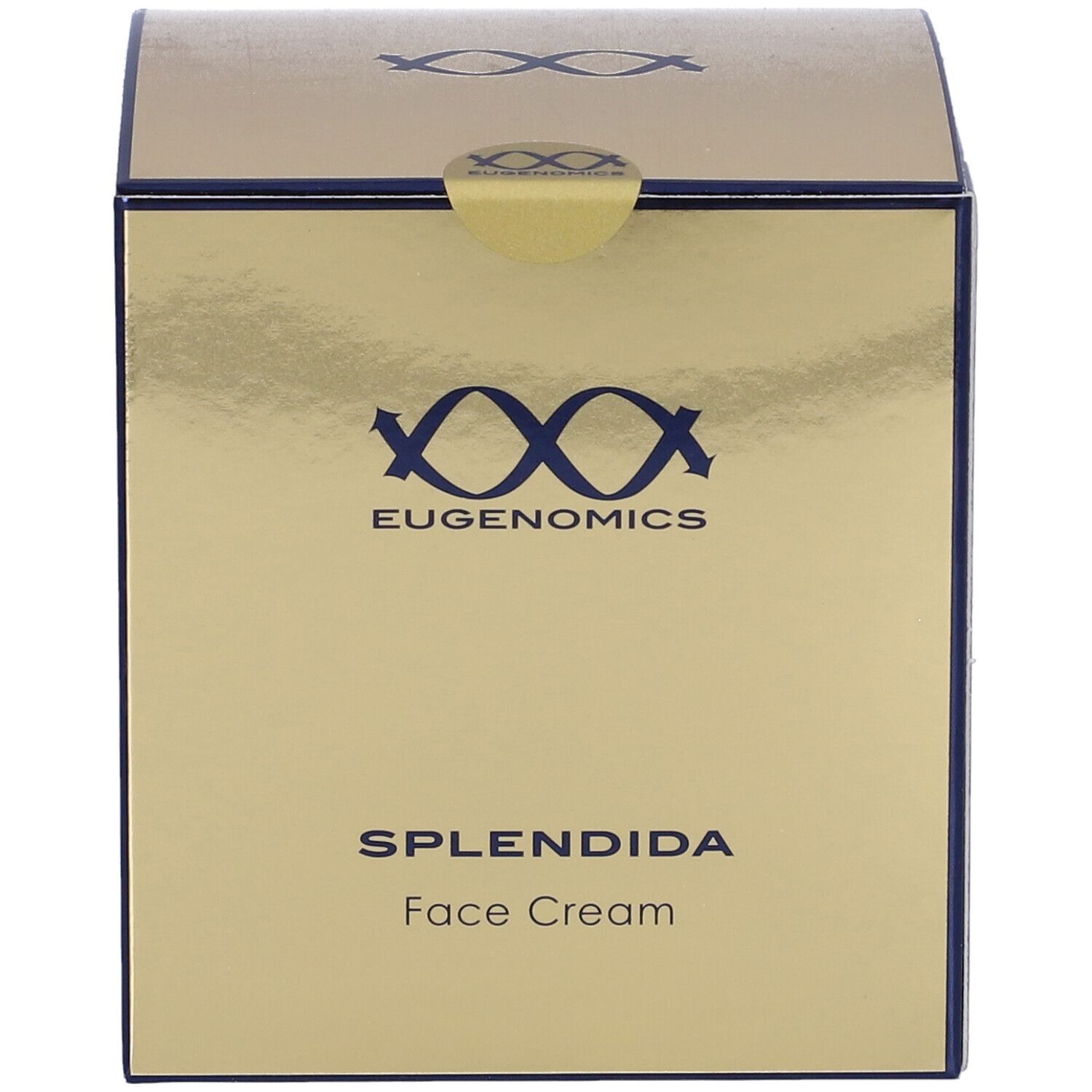 Scatola dorata con scritte blu. Scritto: EUGENOMICS, SPLENDIDA Face Cream.