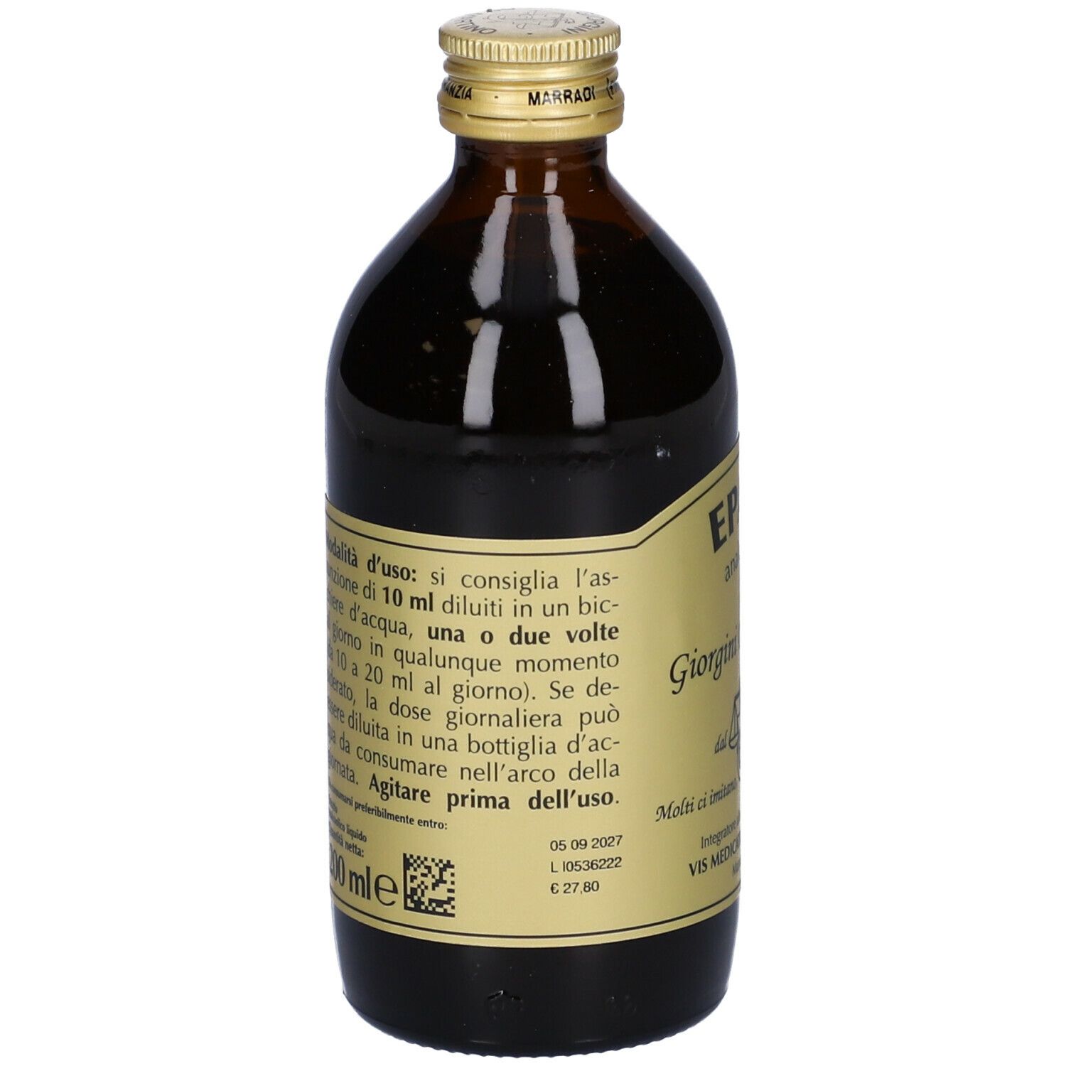 Bottiglia di vetro marrone con tappo dorato ed etichetta. Testo sull'etichetta.