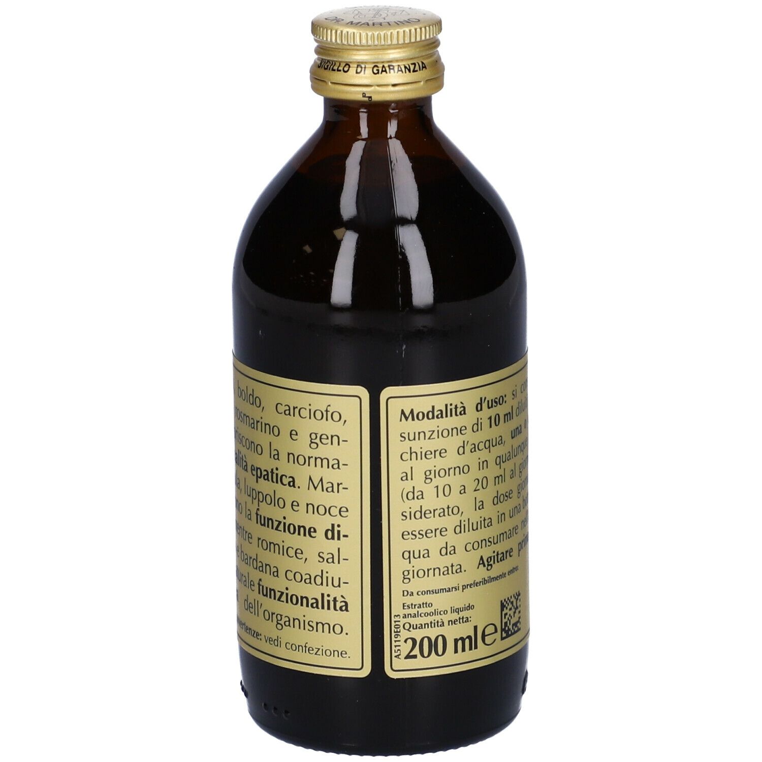 Bottiglia di vetro marrone con tappo dorato ed etichetta. Testo sull'etichetta.