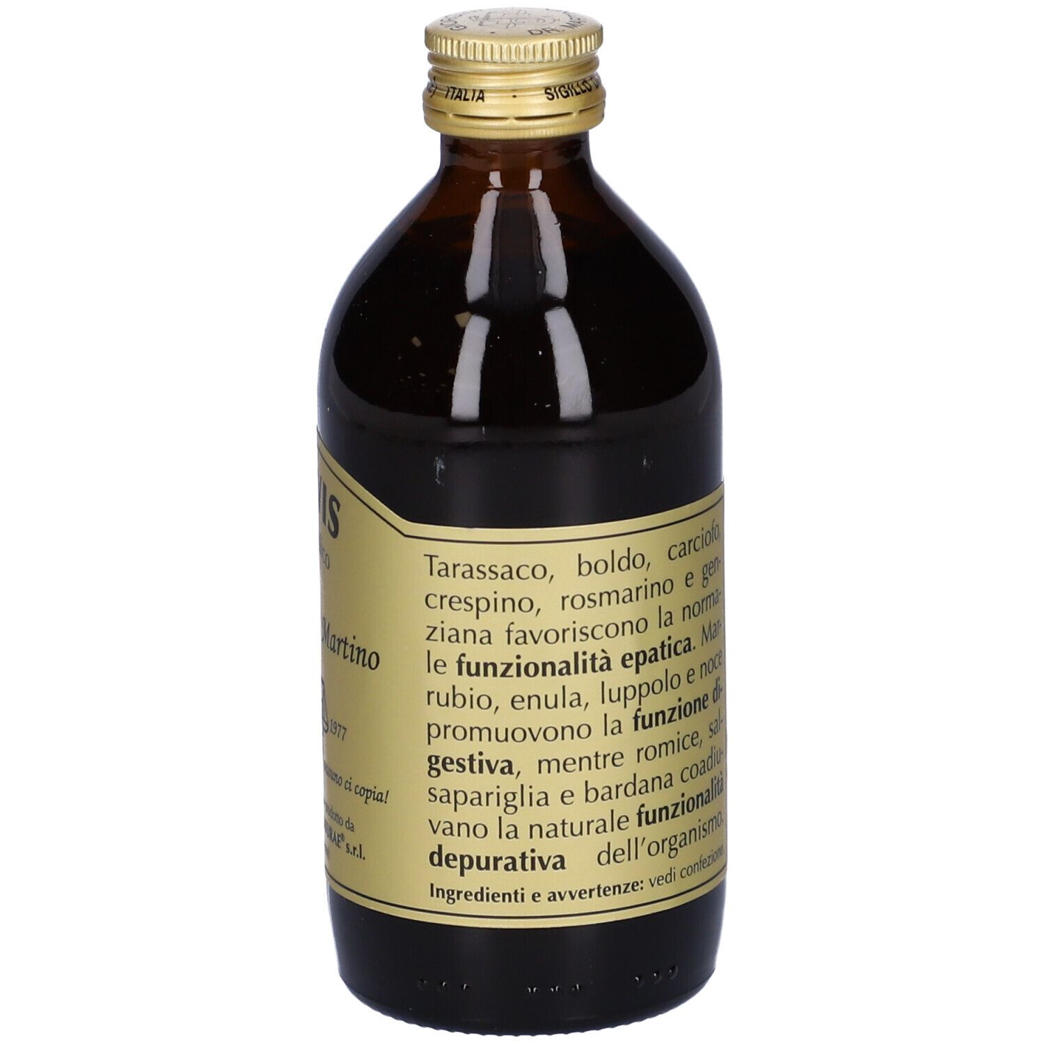 Bottiglia di vetro marrone con tappo dorato ed etichetta. Testo sull'etichetta.