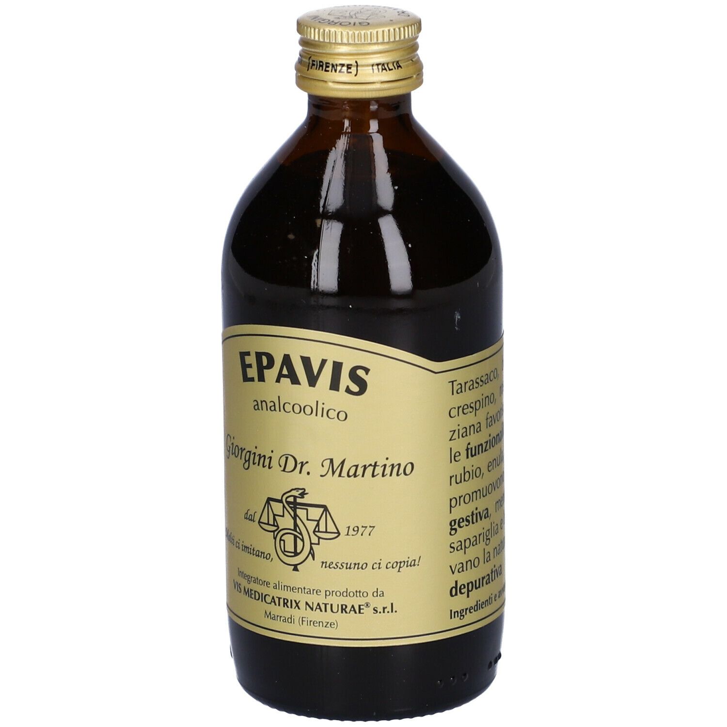 Bottiglia di vetro marrone con tappo dorato ed etichetta. Testo sull'etichetta.