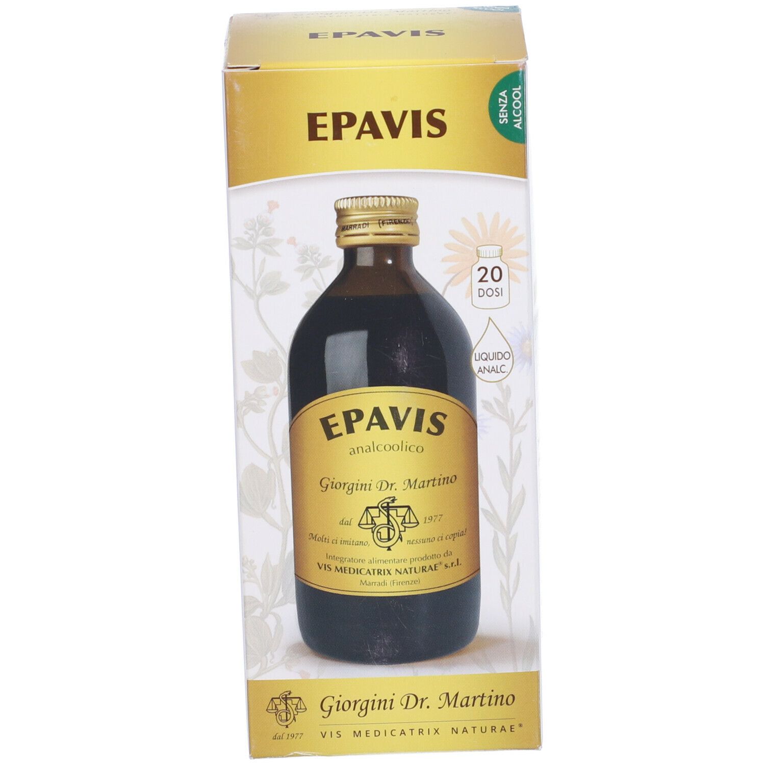 Confezione con bottiglia. Bottiglia di liquido marrone con etichetta. Confezione con il nome del prodotto.