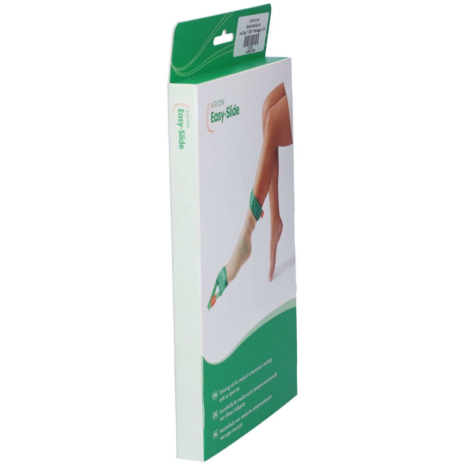 Vista laterale della confezione. Arion Easy-Slide, ausilio per calze compressive. Testo in tedesco, inglese, italiano e olandese.