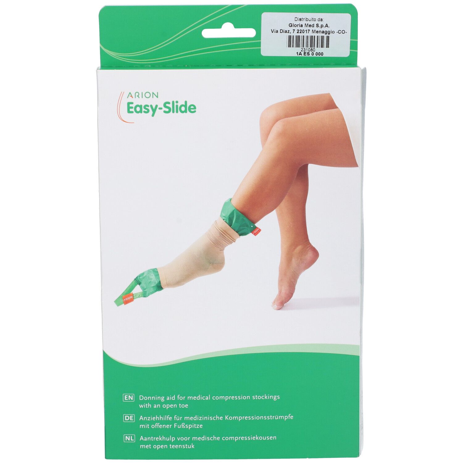 Confezione con immagine del prodotto. Arion Easy-Slide, ausilio per calze compressive mediche con punta aperta.
