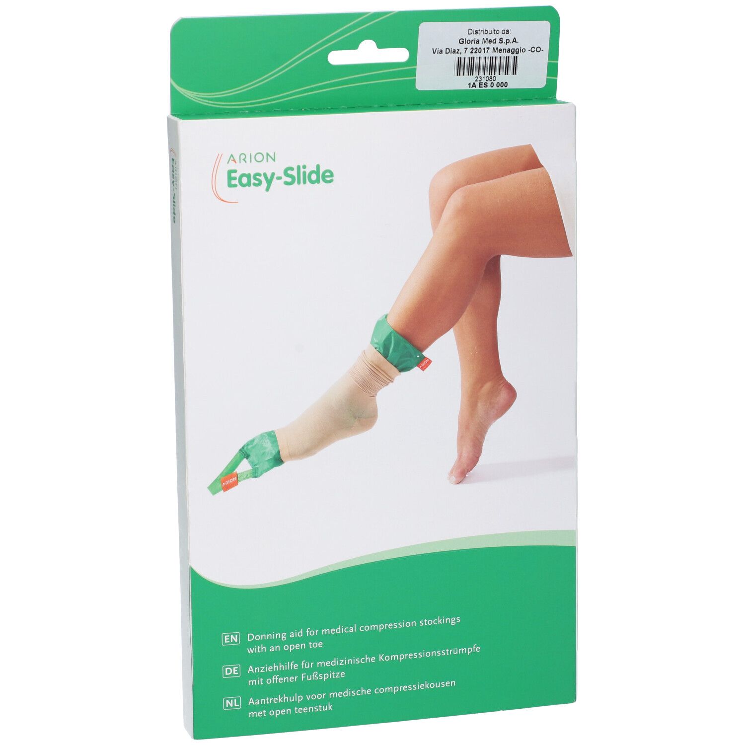 Confezione con immagine del prodotto. Arion Easy-Slide, ausilio per calze compressive mediche con punta aperta.