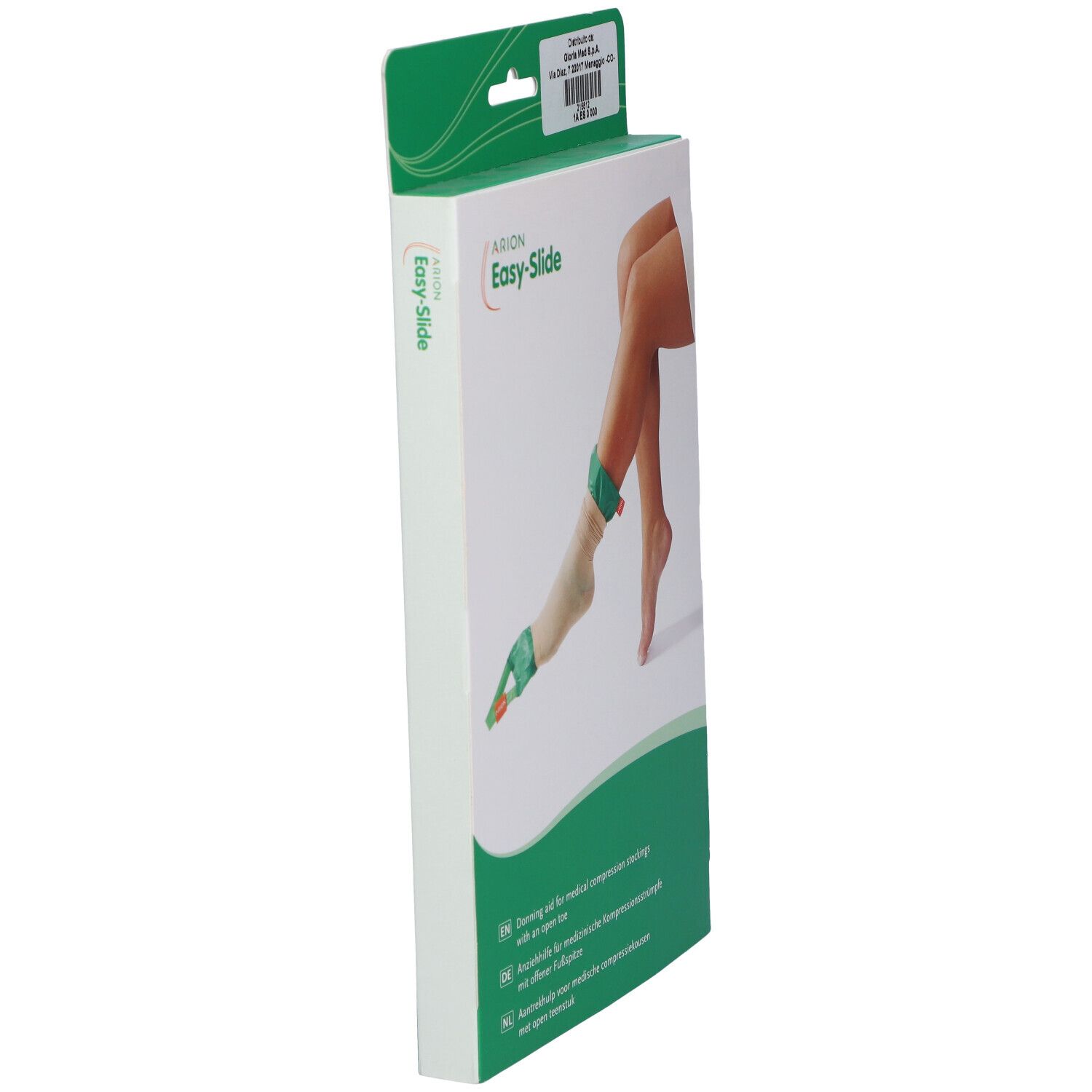 Confezione di un ausilio per indossare calze a compressione con punta aperta.