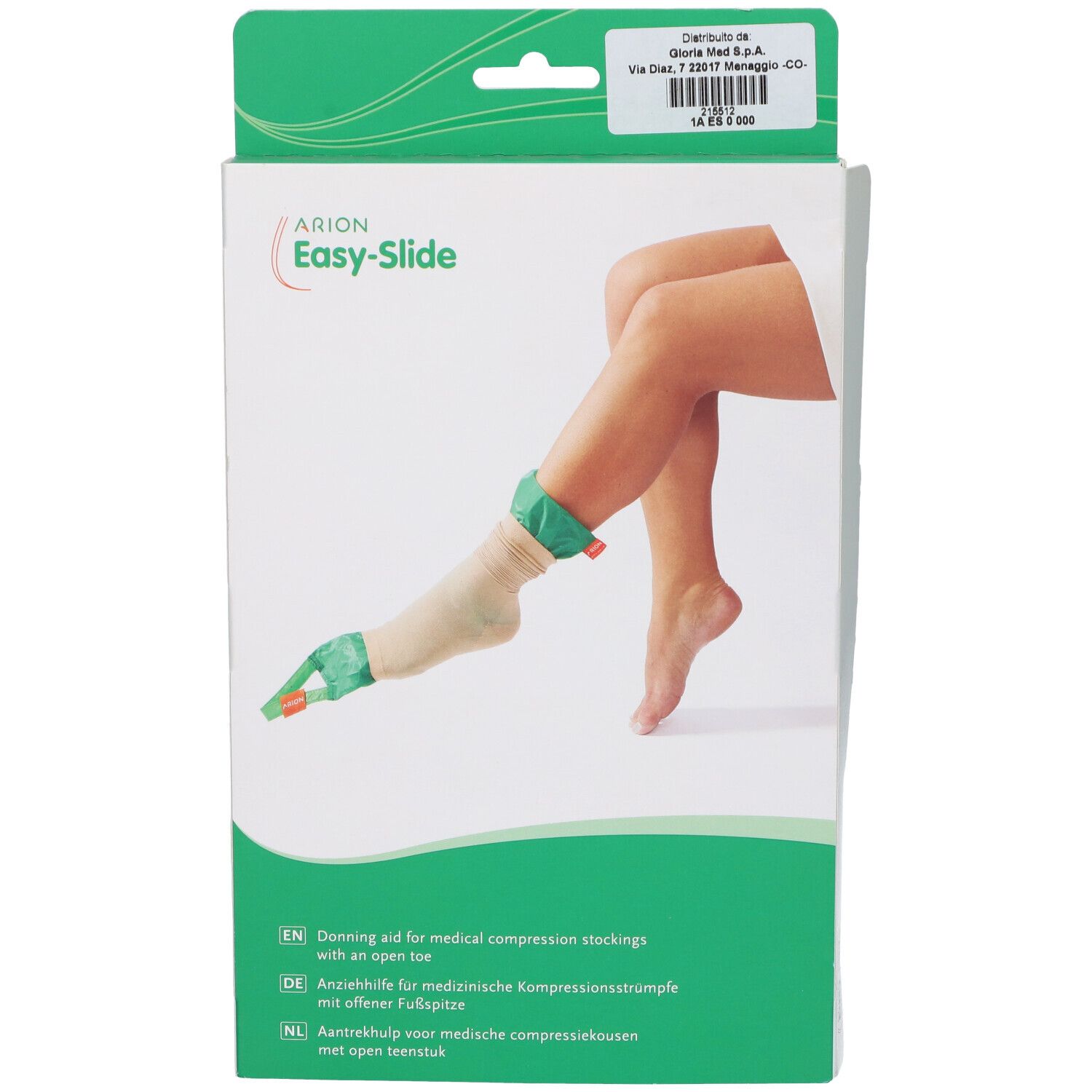 Confezione di un ausilio per indossare calze a compressione con punta aperta.