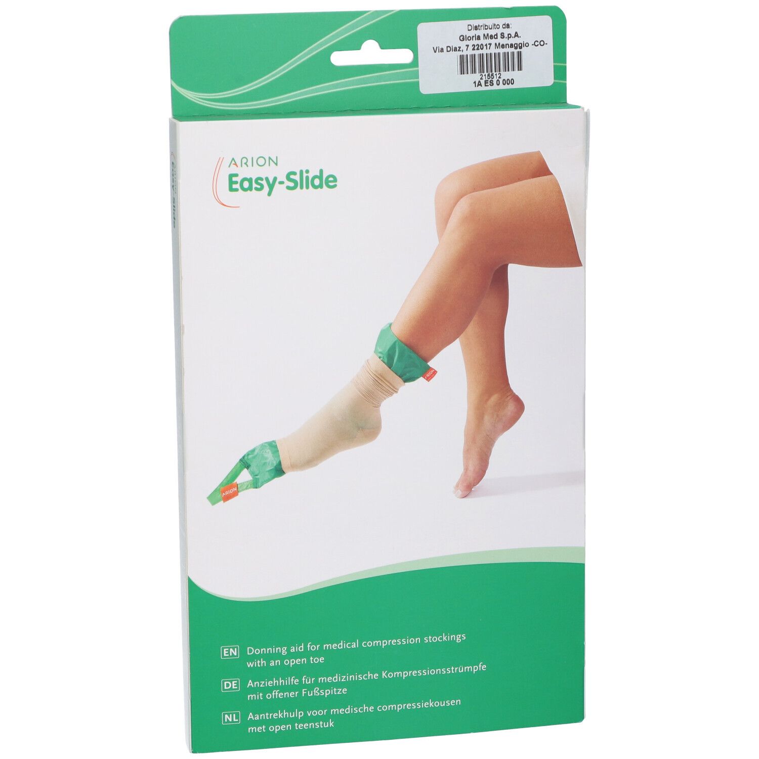 Confezione di un ausilio per indossare calze a compressione con punta aperta.