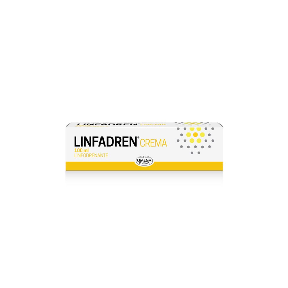 Confezione di LINFADREN® CREMA. Scritta LINFADREN® CREMA, 100 ml. Colori giallo e bianco. Logo Omega Pharma.