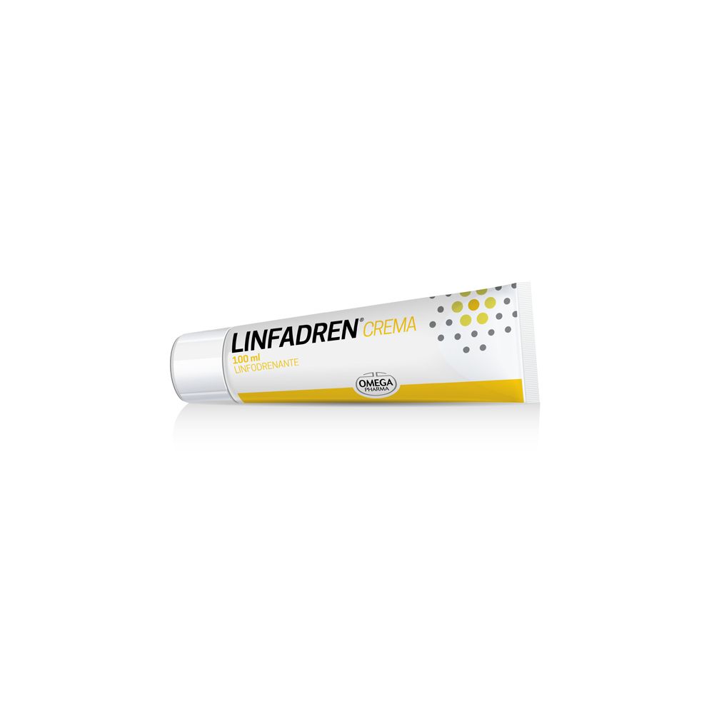 Tubo di crema. Scritta LINFADREN® CREMA, 100 ml. Colori giallo e bianco. Logo Omega Pharma.