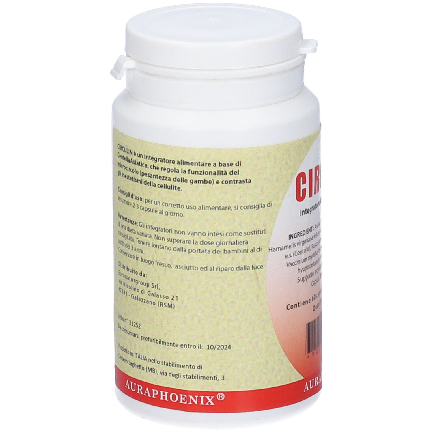 Retro del flacone bianco Circulin. Testo in italiano. Marchio AuraPhoenix.