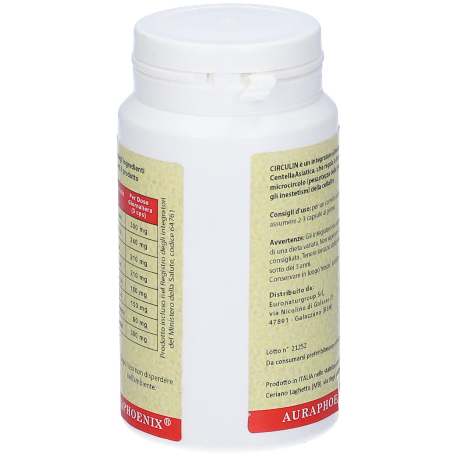 Retro del flacone bianco Circulin. Tabella nutrizionale. Marchio AuraPhoenix. Testo italiano.