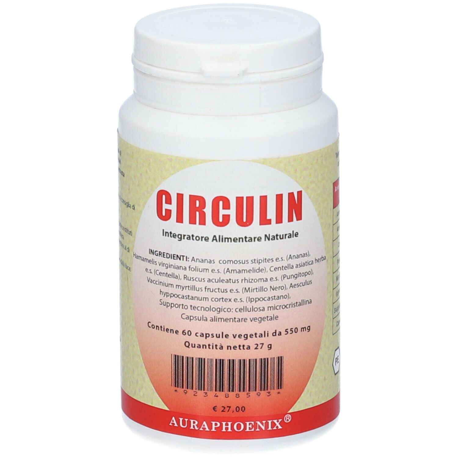 Flacone bianco Circulin. Ingredienti e 60 capsule. Marchio AuraPhoenix. Testo in italiano.