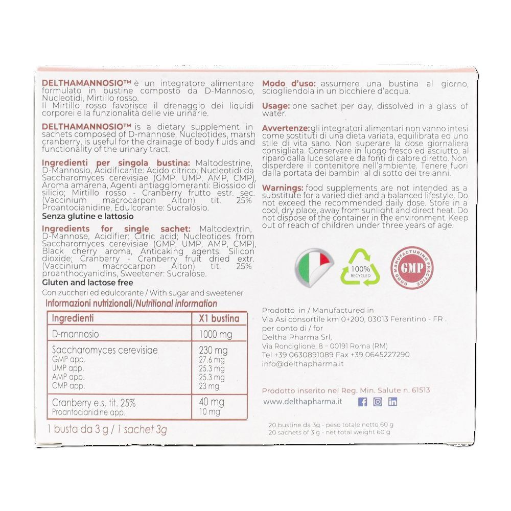 Retro della scatola rosa e bianca DELTHA mannosio. Contiene ingredienti, informazioni nutrizionali, istruzioni per l'uso e sigillo GMP.