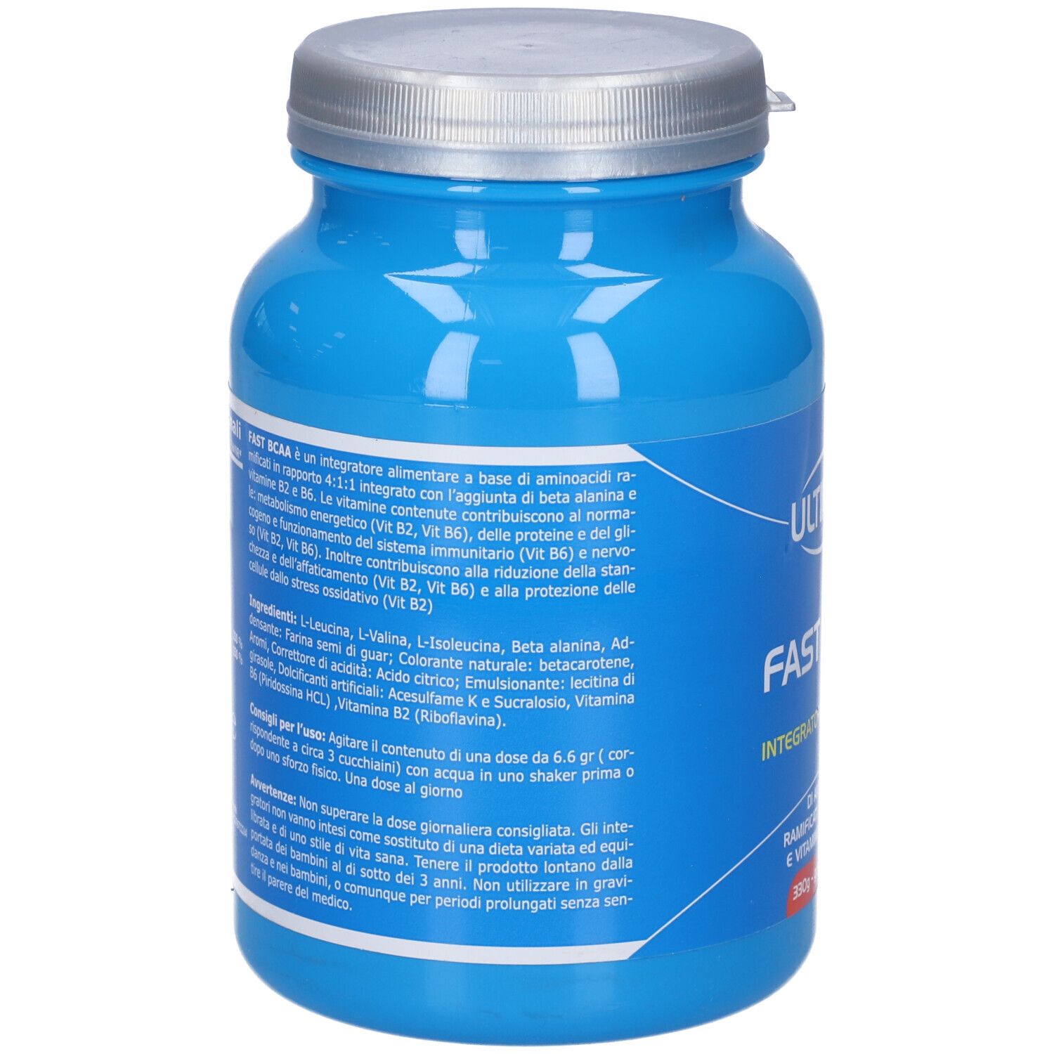 Retro del barattolo blu. Testo su ingredienti, uso e avvertenze. Contiene L-Leucina, L-Valina, L-Isoleucina, Beta Alanina, Vitamine.