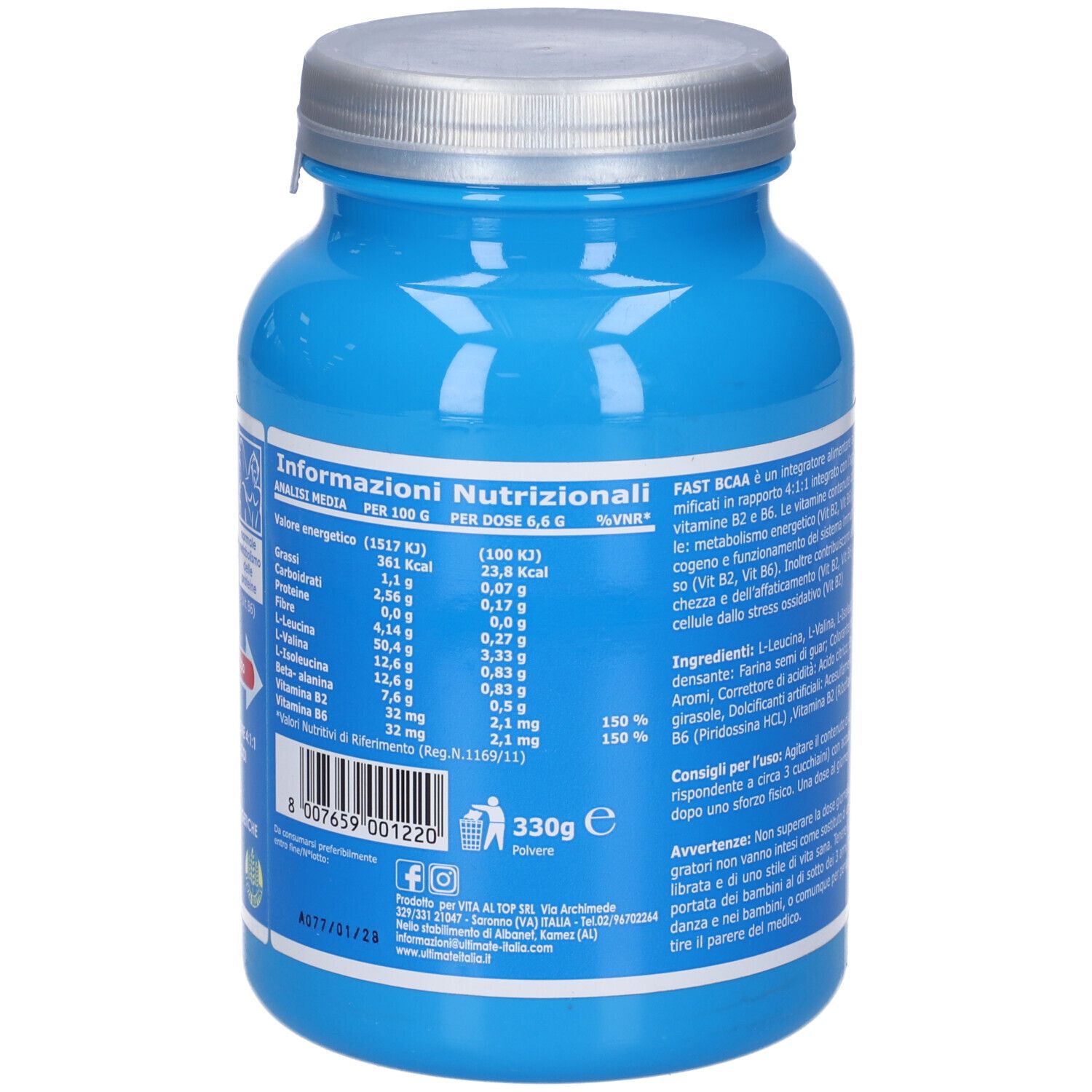 Retro del barattolo blu. Informazioni nutrizionali per 100g e per 6,6g. Contiene informazioni su energia, grassi, carboidrati, proteine, vitamine.