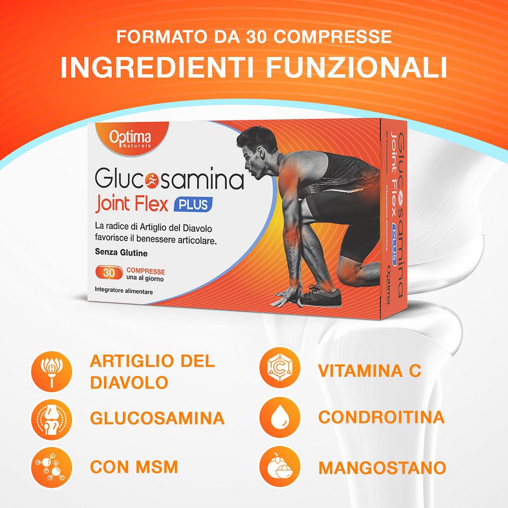 Confezione Glucosamina Joint Flex Plus compresse con illustrazioni degli ingredienti.