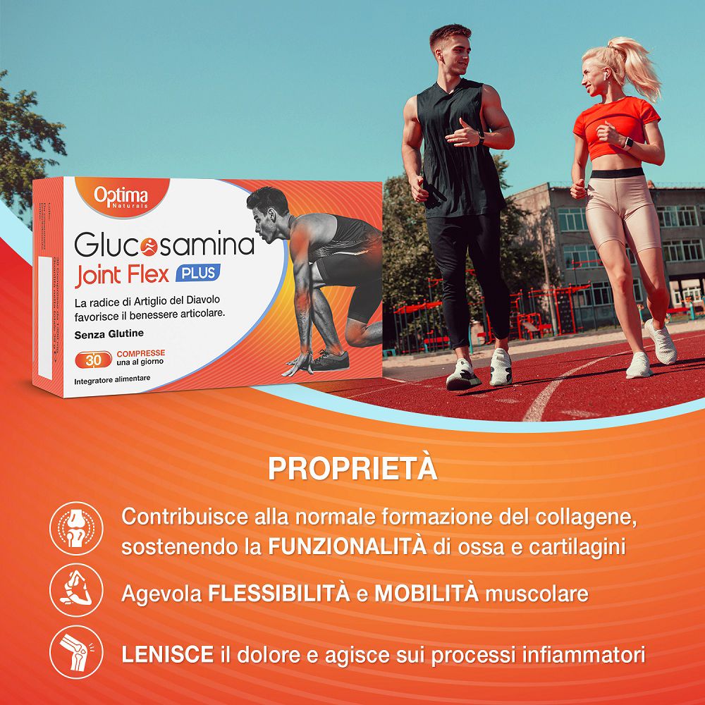 Confezione Glucosamina Joint Flex Plus compresse con illustrazione di sportivi.