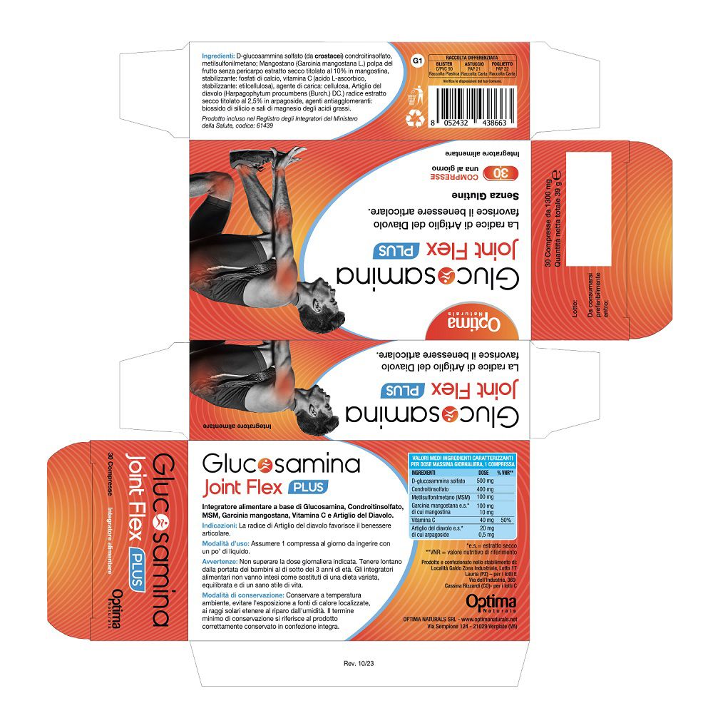 Confezione aperta di Glucosamina Joint Flex Plus compresse con informazioni sul prodotto.