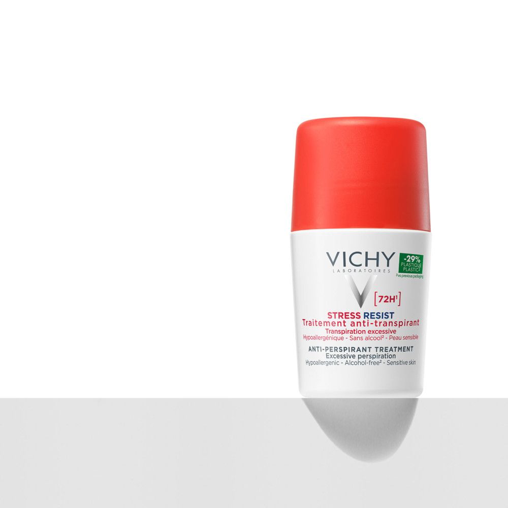 Deodorante Roll-On Vichy con tappo rosso, isolato. 72H Anti-Transpirant Stress Resist.