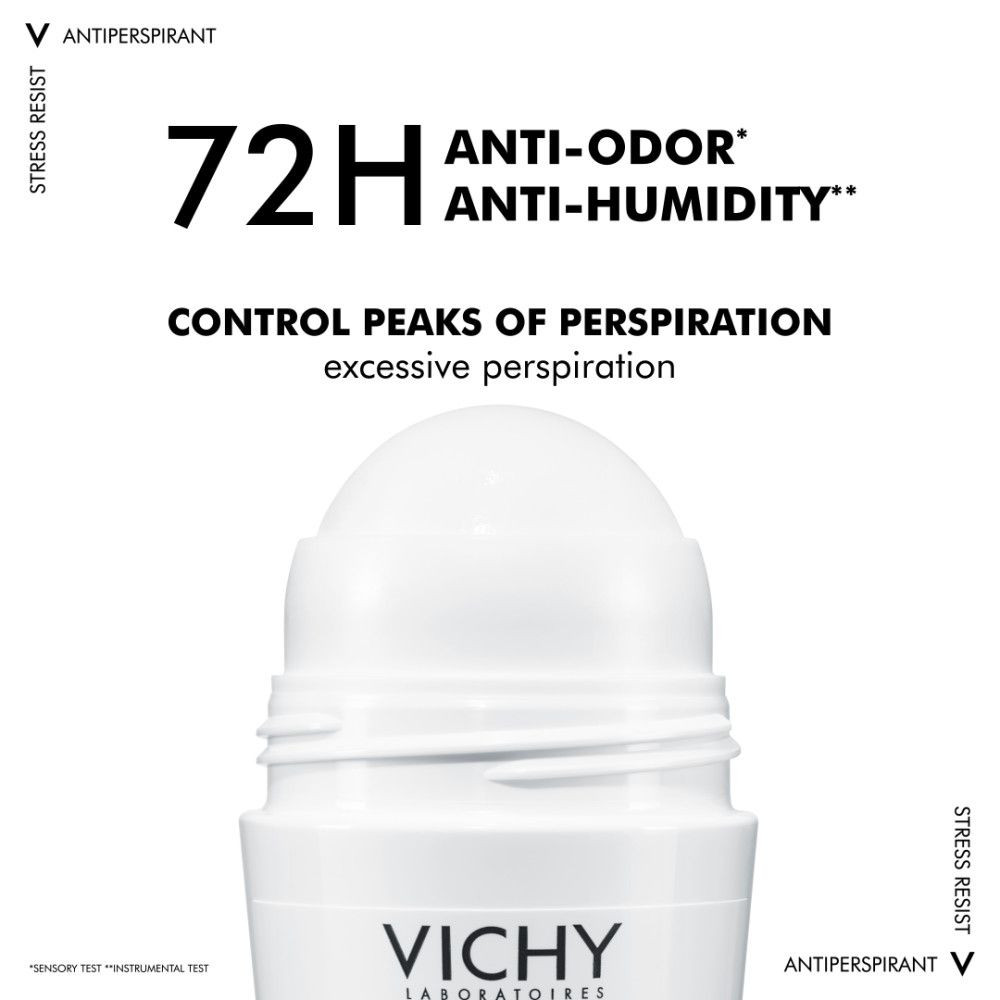 Primo piano dell'applicatore roll-on del deodorante Vichy. 72H Anti-Odor, Anti-Humidity.