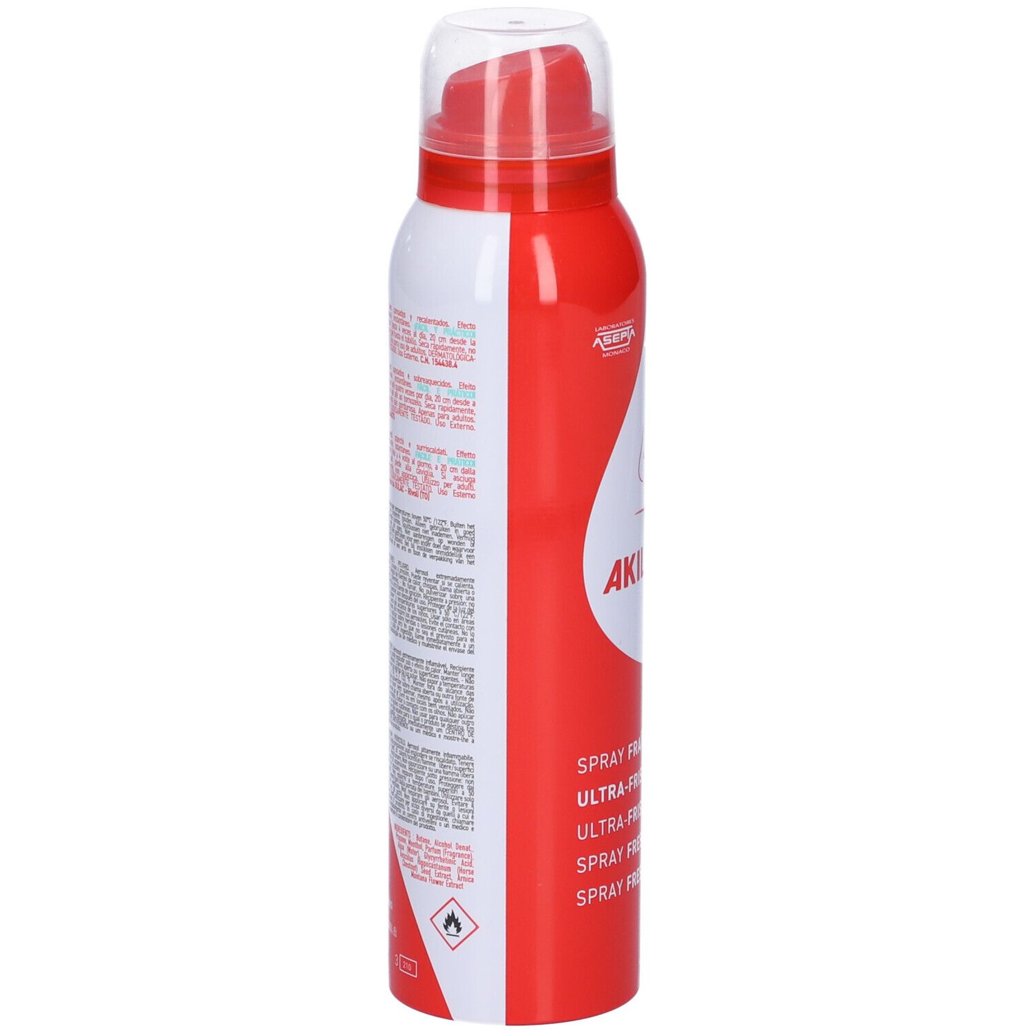 Flacone spray rosso e bianco. Scritta: Akileine. Testo e simboli sul lato. Contiene informazioni e avvertenze.
